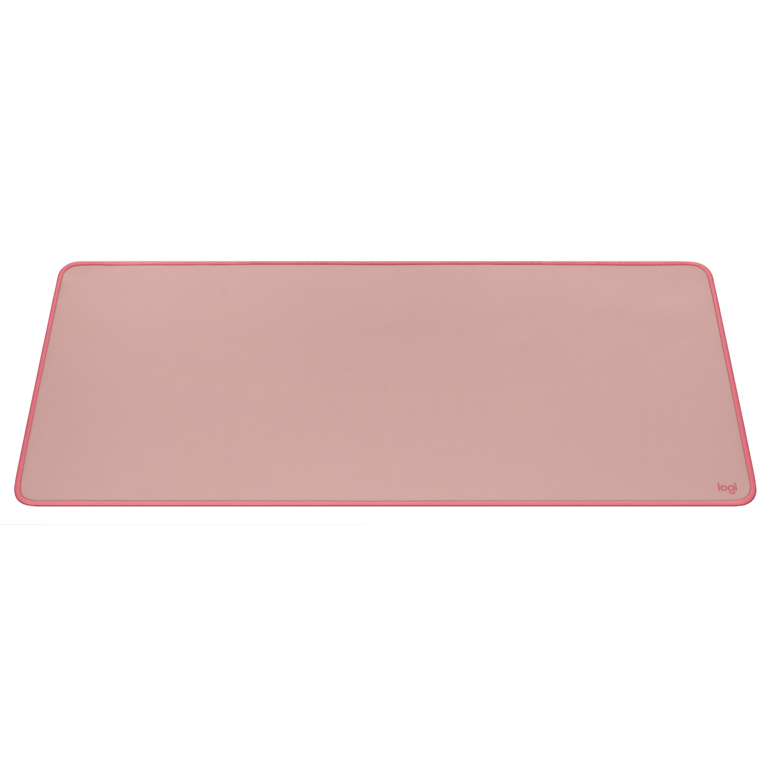 Een roze muismat met een roze rand en het logi-logo rechtsonder.