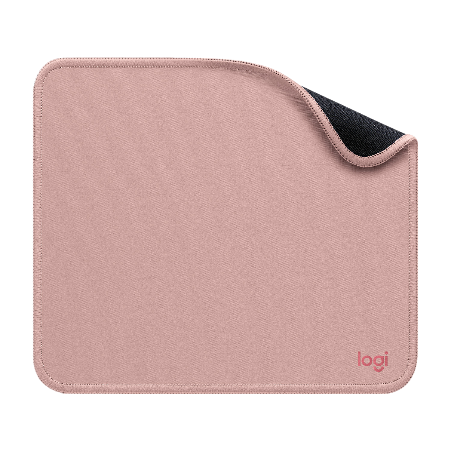 Een roze muismat met afgeronde hoeken. Het heeft een donkergrijze onderkant en het Logi-logo rechtsonder.