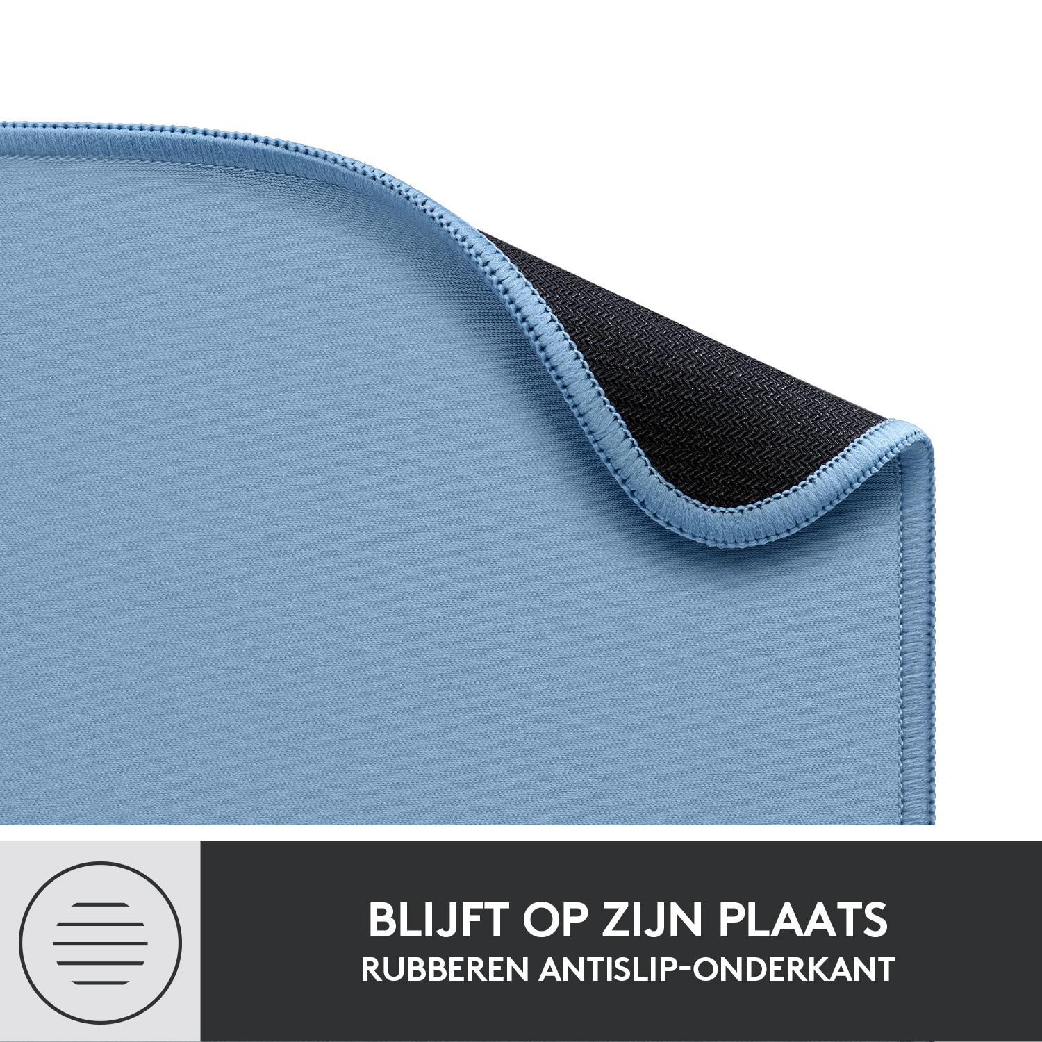 Blauwe muismat in een doos, met verpakking die de pad en het logi-logo toont.