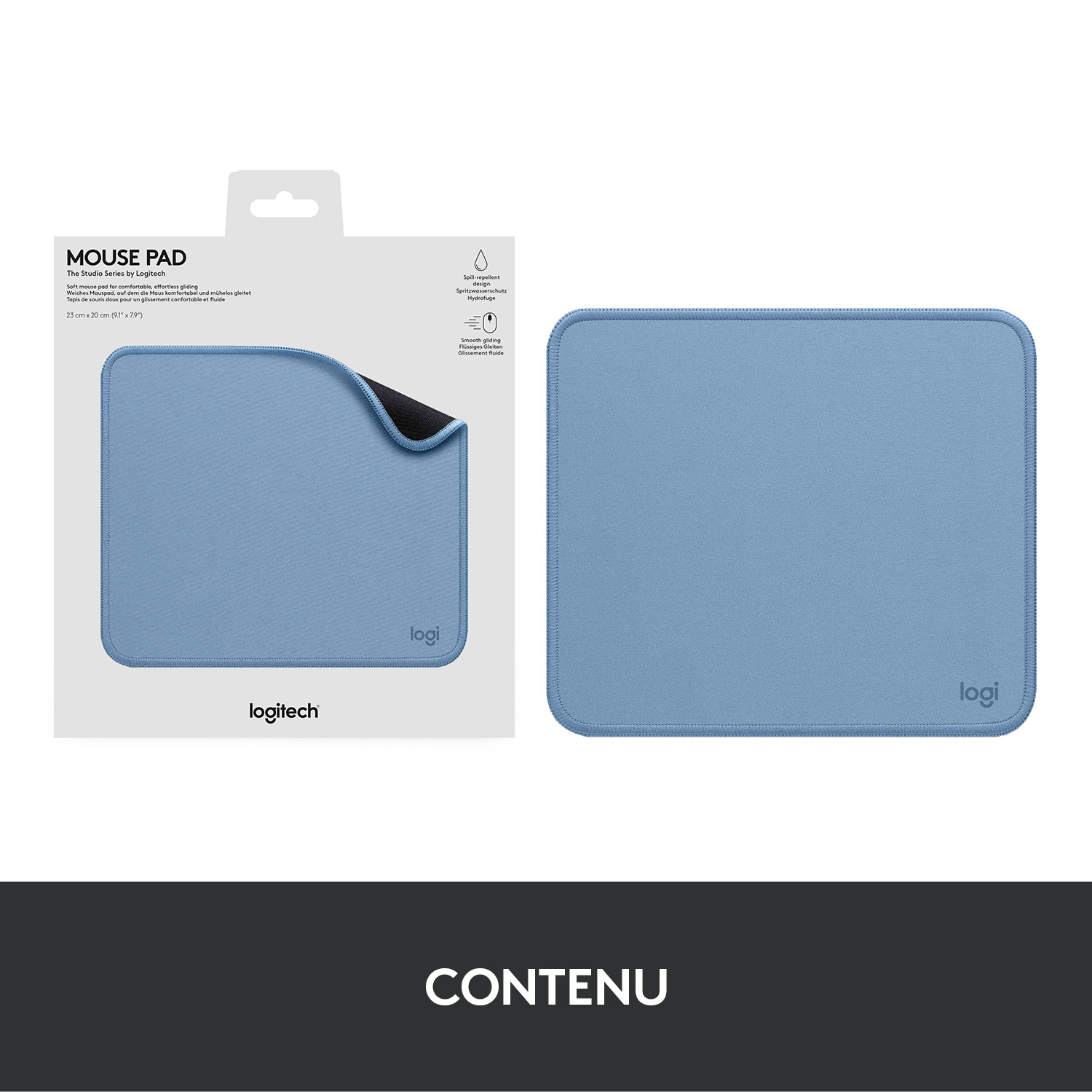 Un tapis de souris bleu et son emballage. Le tapis est carré avec des coins arrondis, un bord noir et un logo logitech.