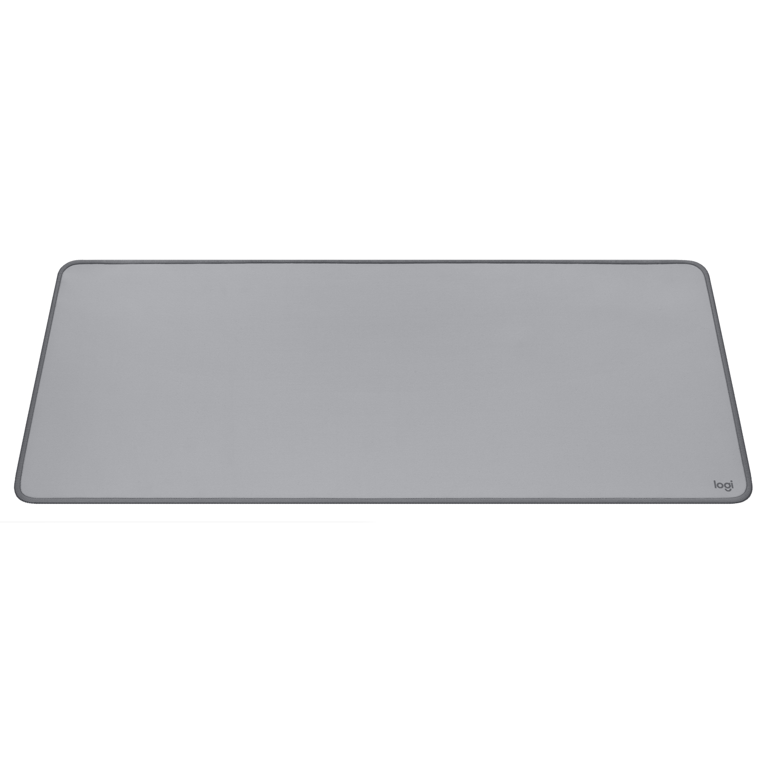 Tapis de souris gris rectangulaire avec bord cousu et logo.