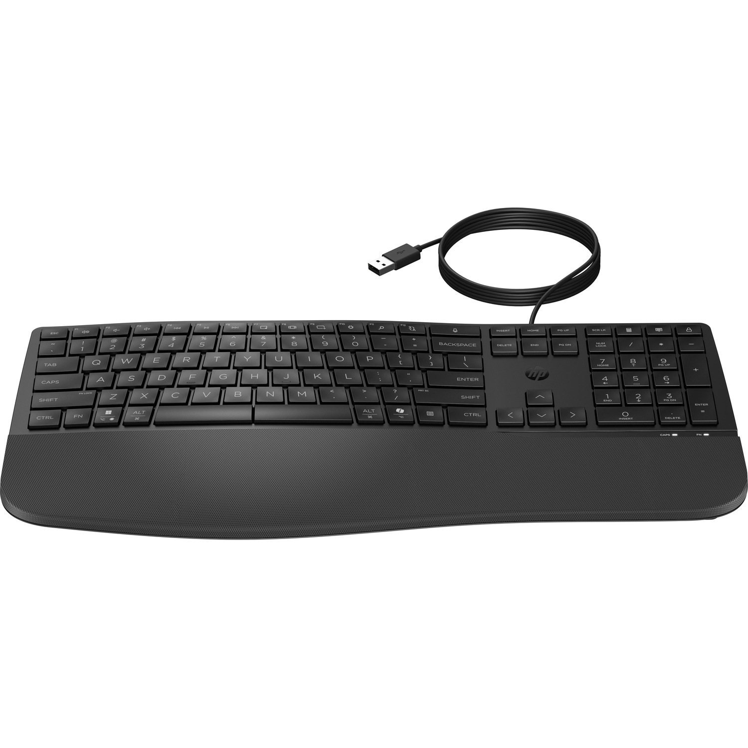 Black keyboard with keys and a wrist rest, USB cable attached.