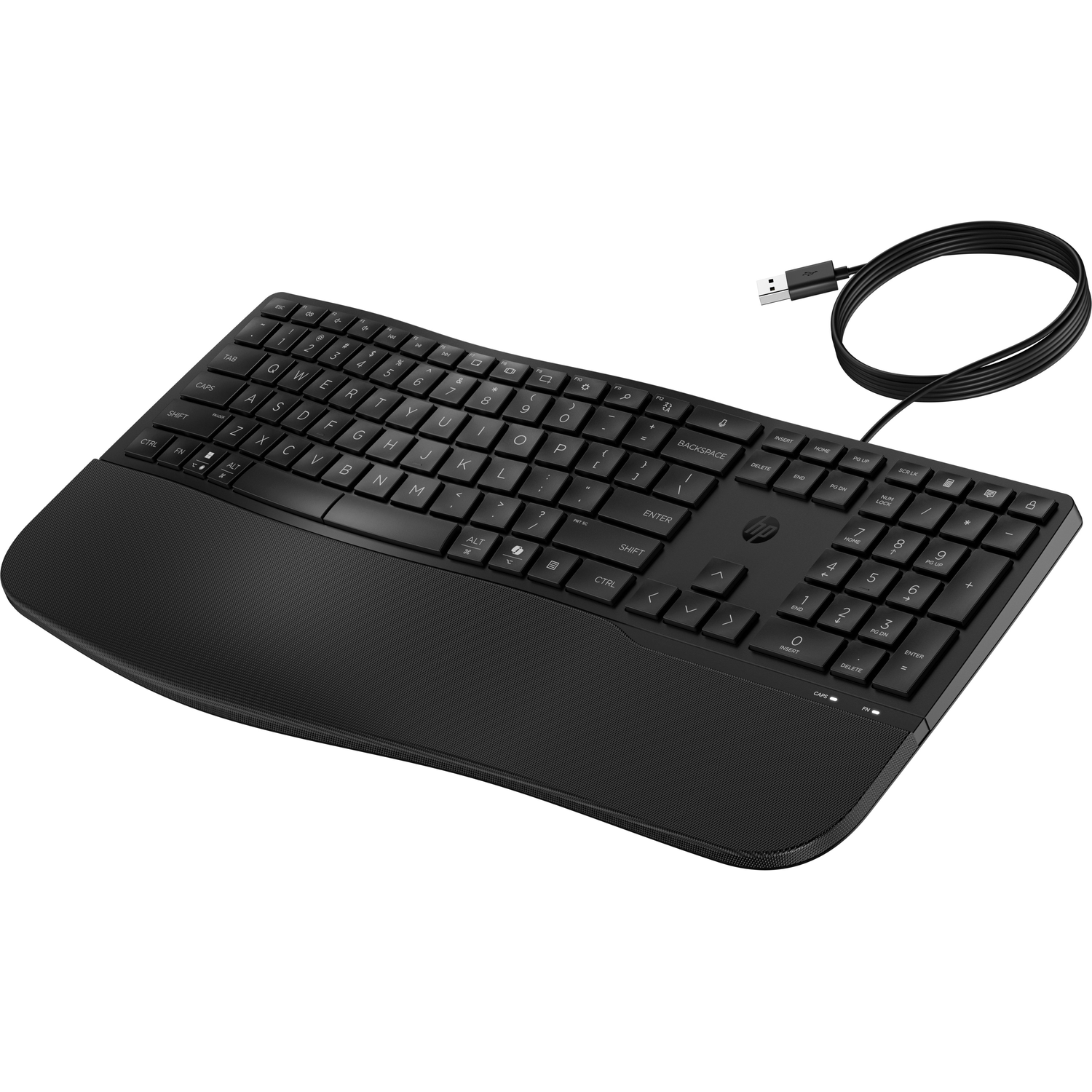 Black HP keyboard with a wrist rest and a USB cable. The keys are black.