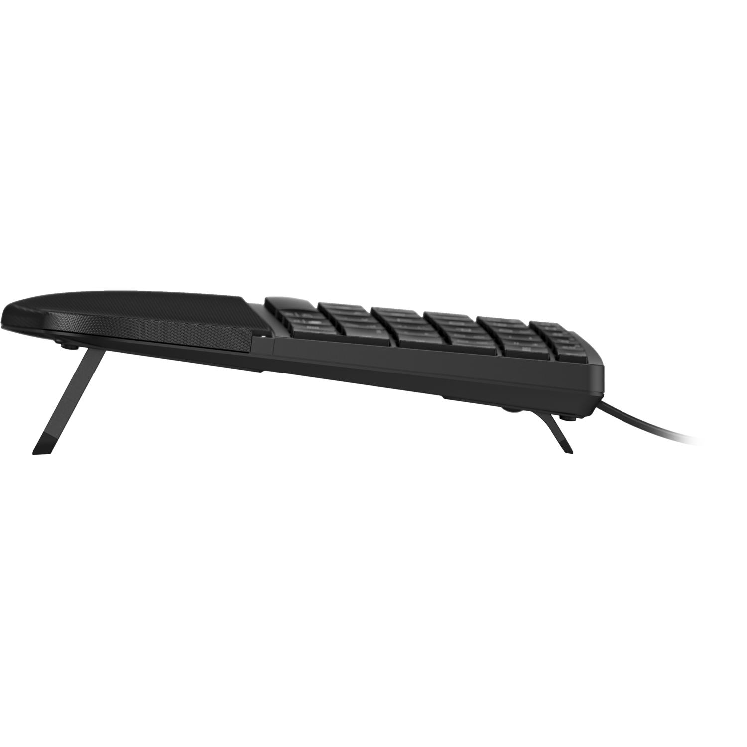 A black keyboard resting on a white surface.