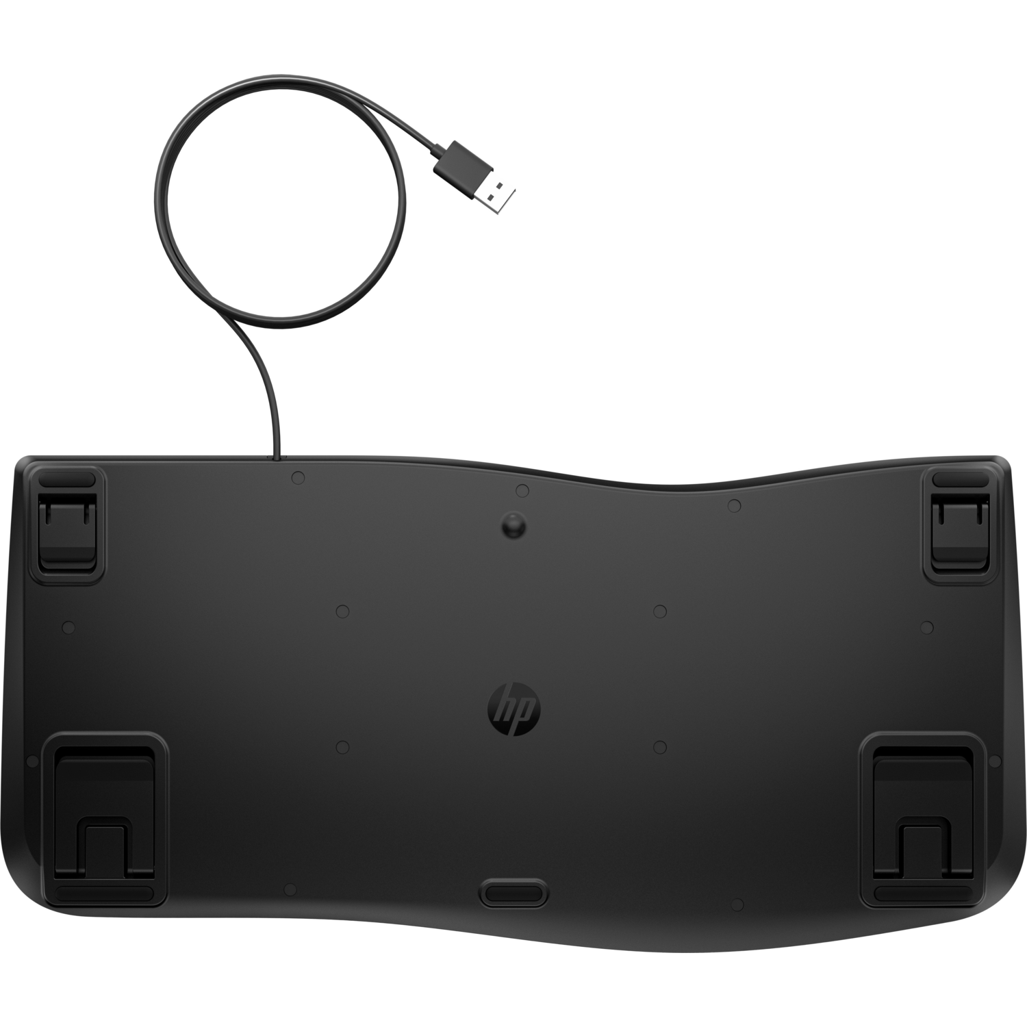 Black, underside view of an HP keyboard, showing the key caps and feet.
