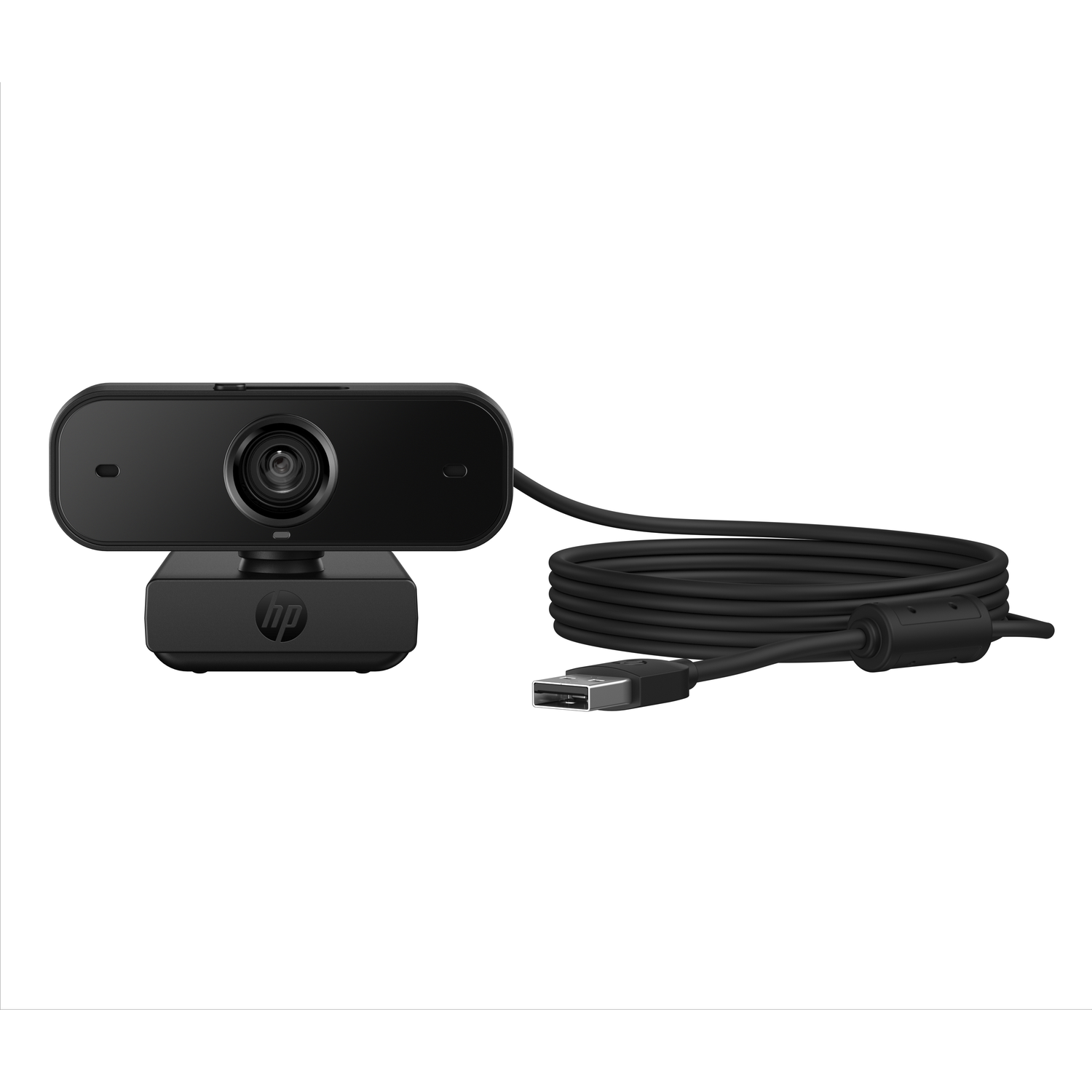 A black HP webcam on a black base, with a black cable and USB connector.