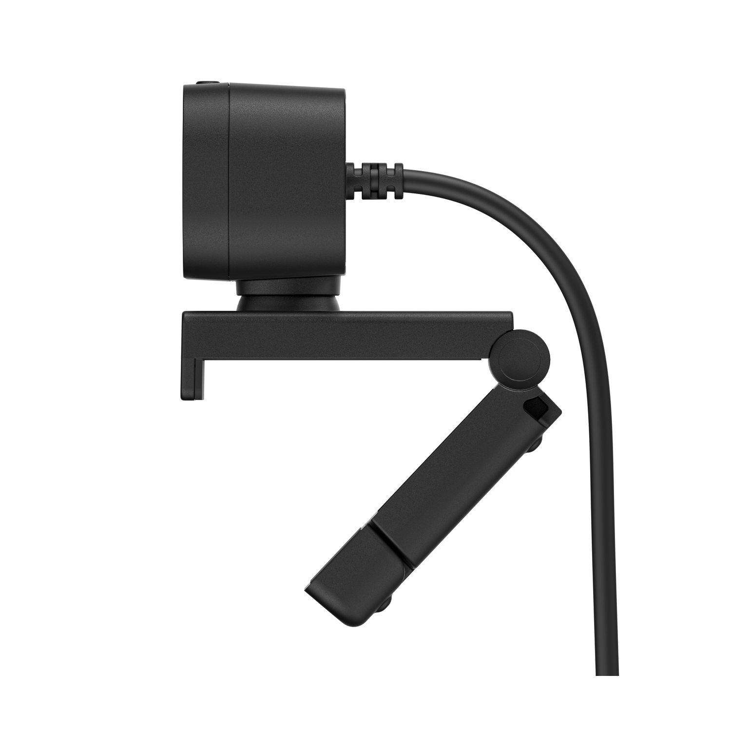 A black webcam on a white background. It is mounted on a flexible stand. The cable is black.