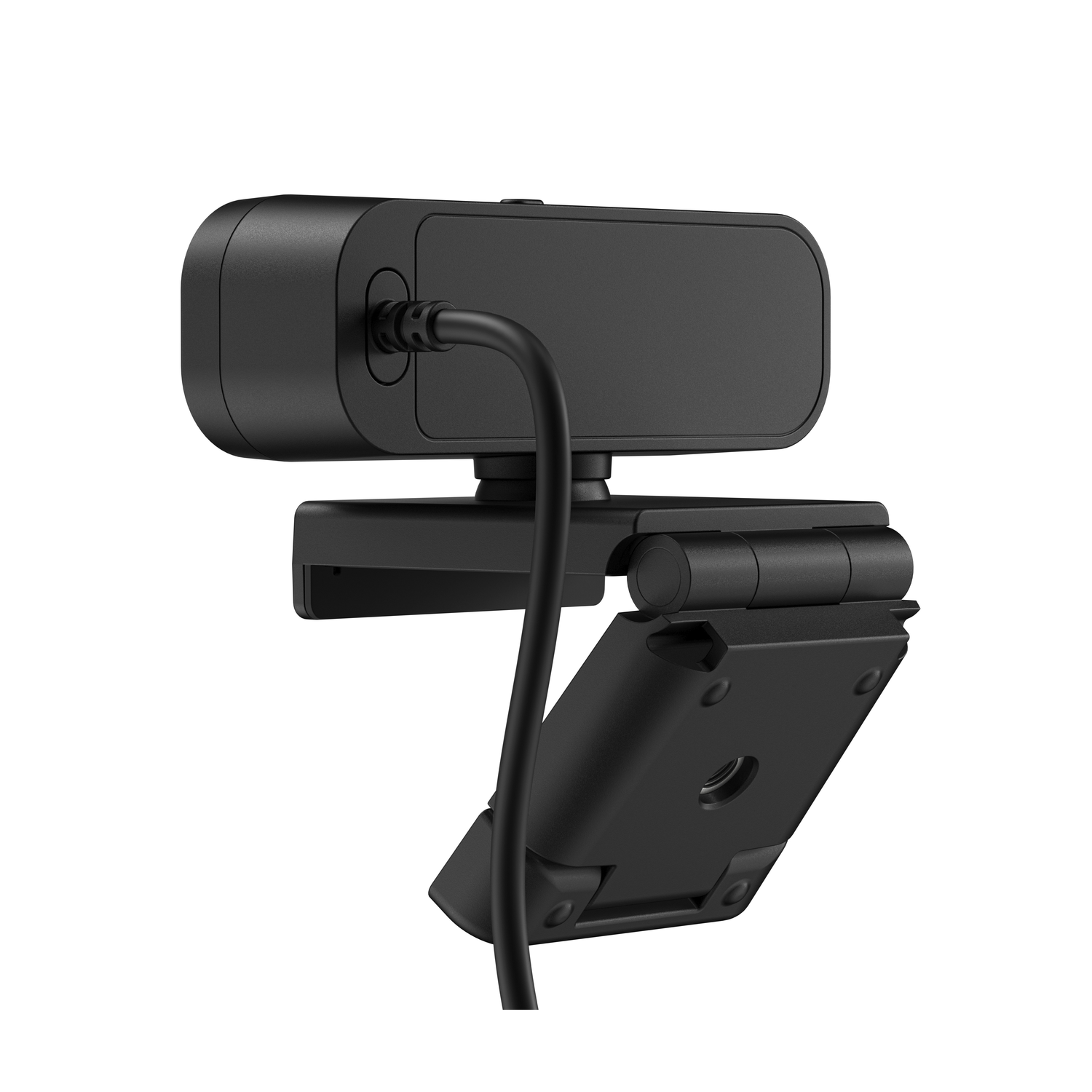 Black webcam with a black cable. The webcam sits on a black stand, angled.
