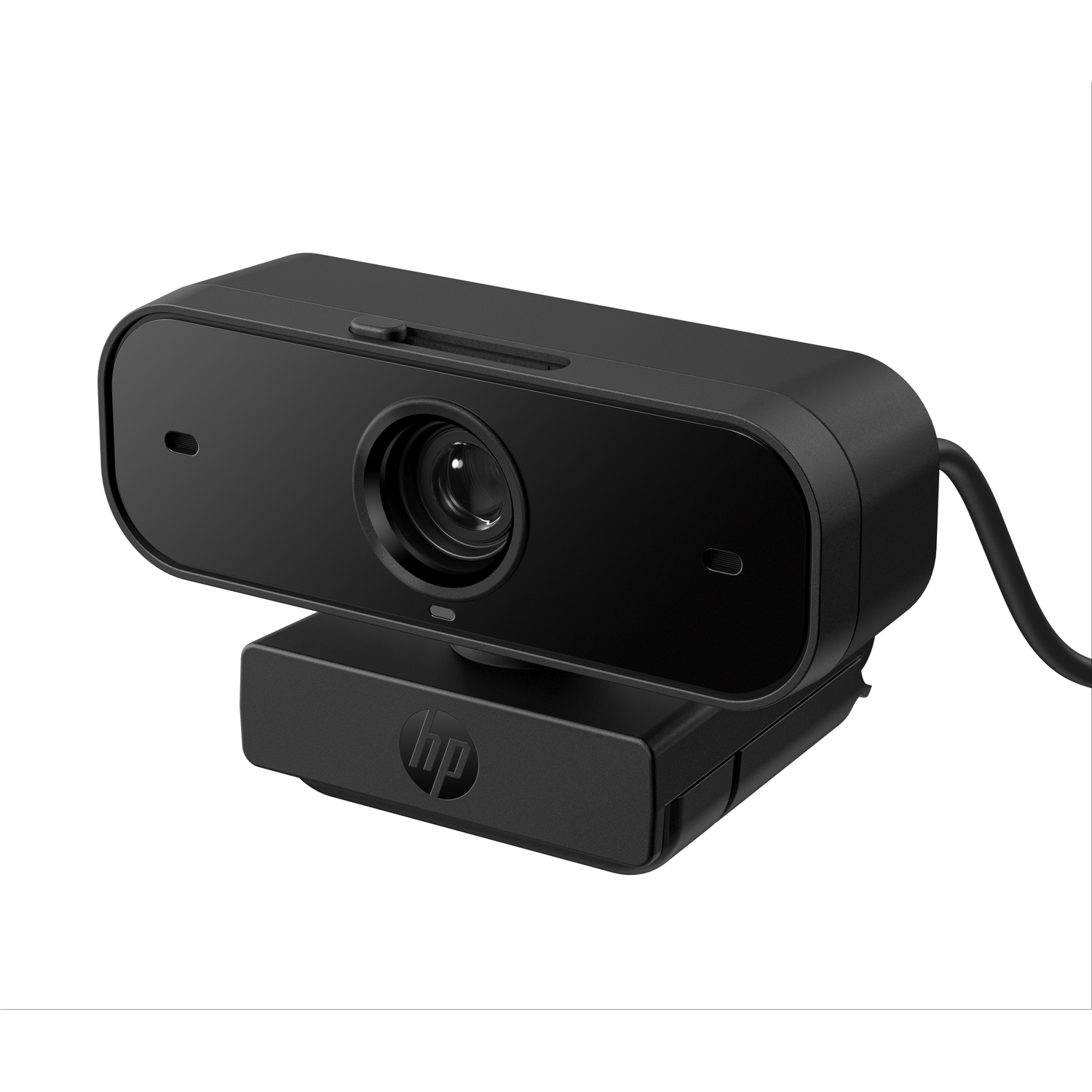 Black HP webcam on a white background, with a lens and a cable.