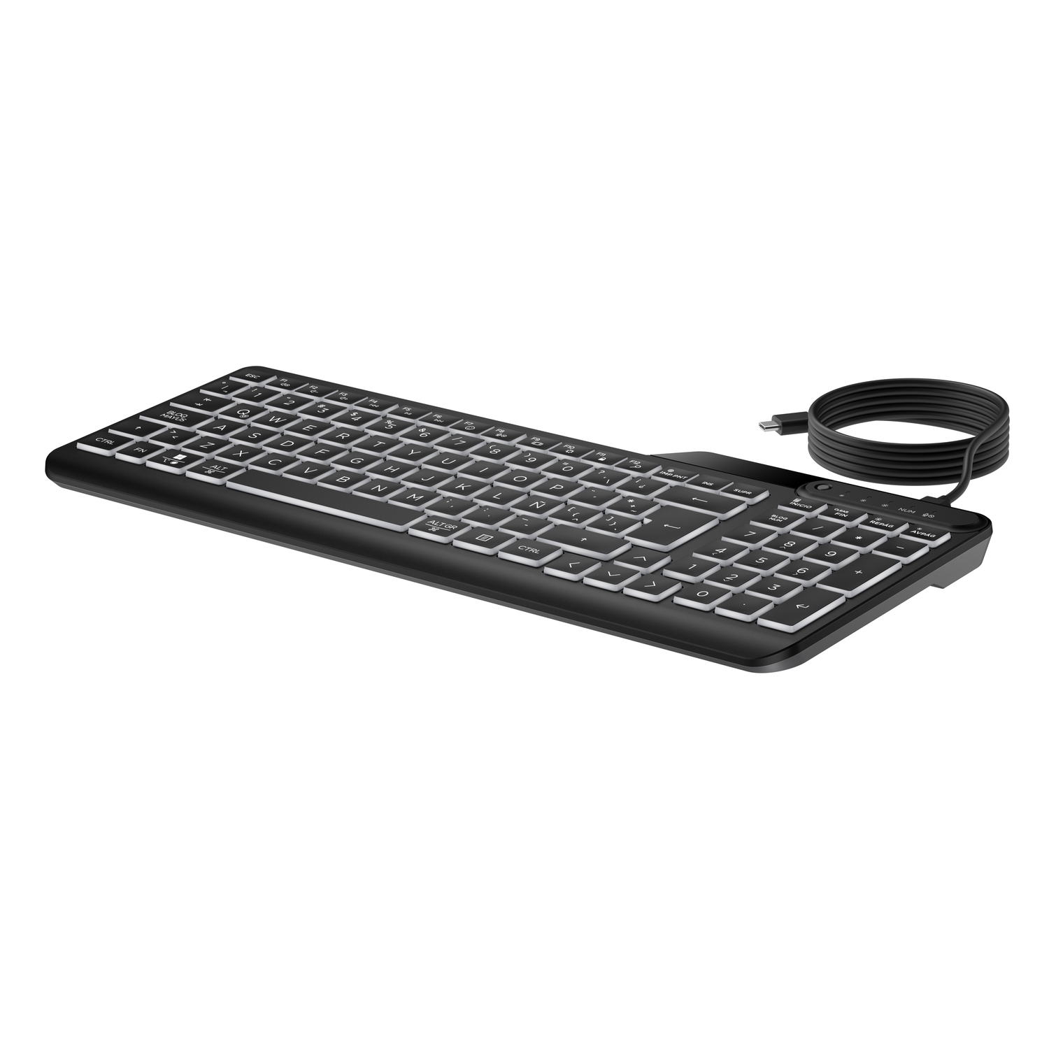 A black keyboard with white keys and a coiled cable.