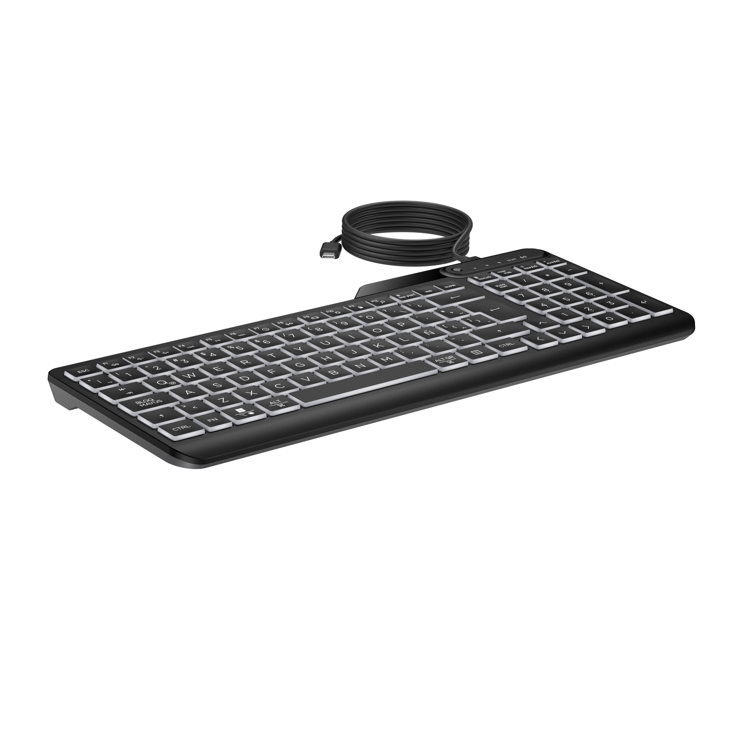 A black keyboard with white letters and a coiled cable.