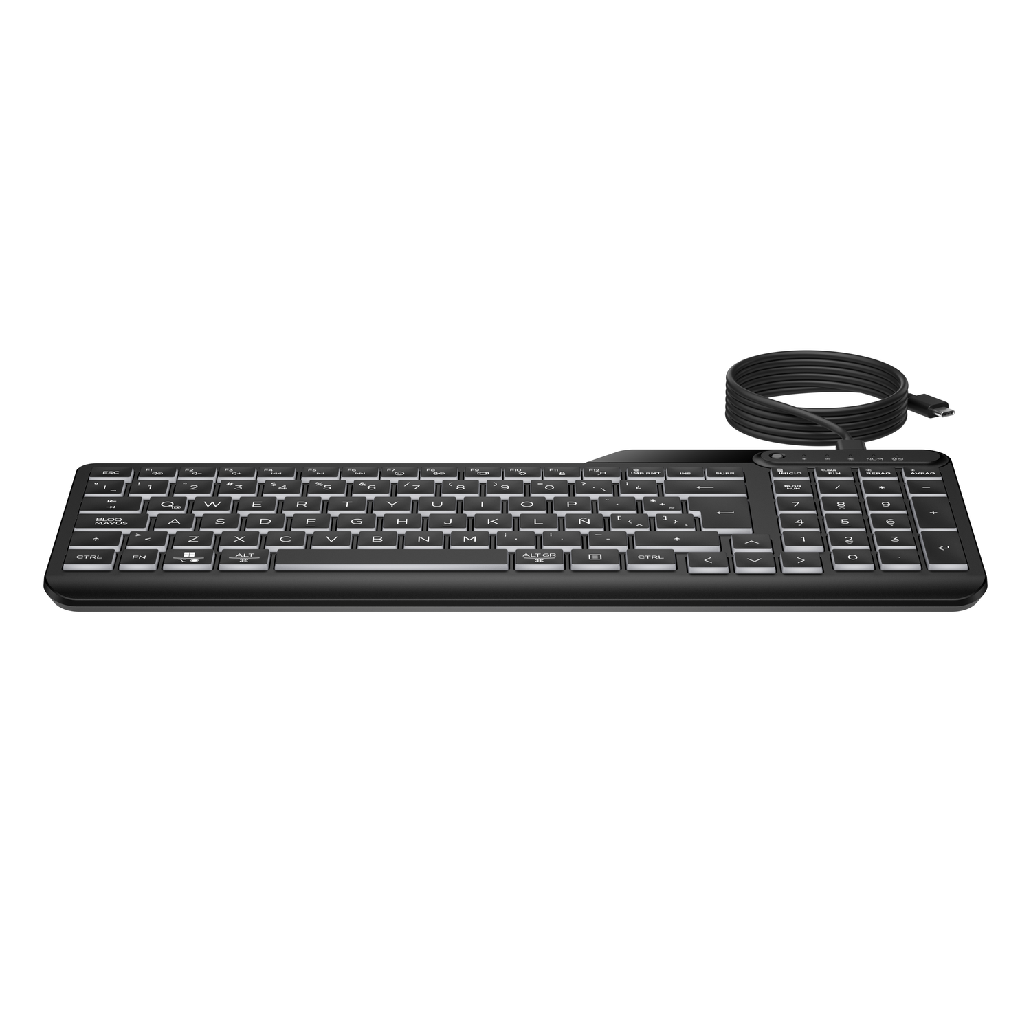 Black keyboard with white letters. Cable attached to the right.