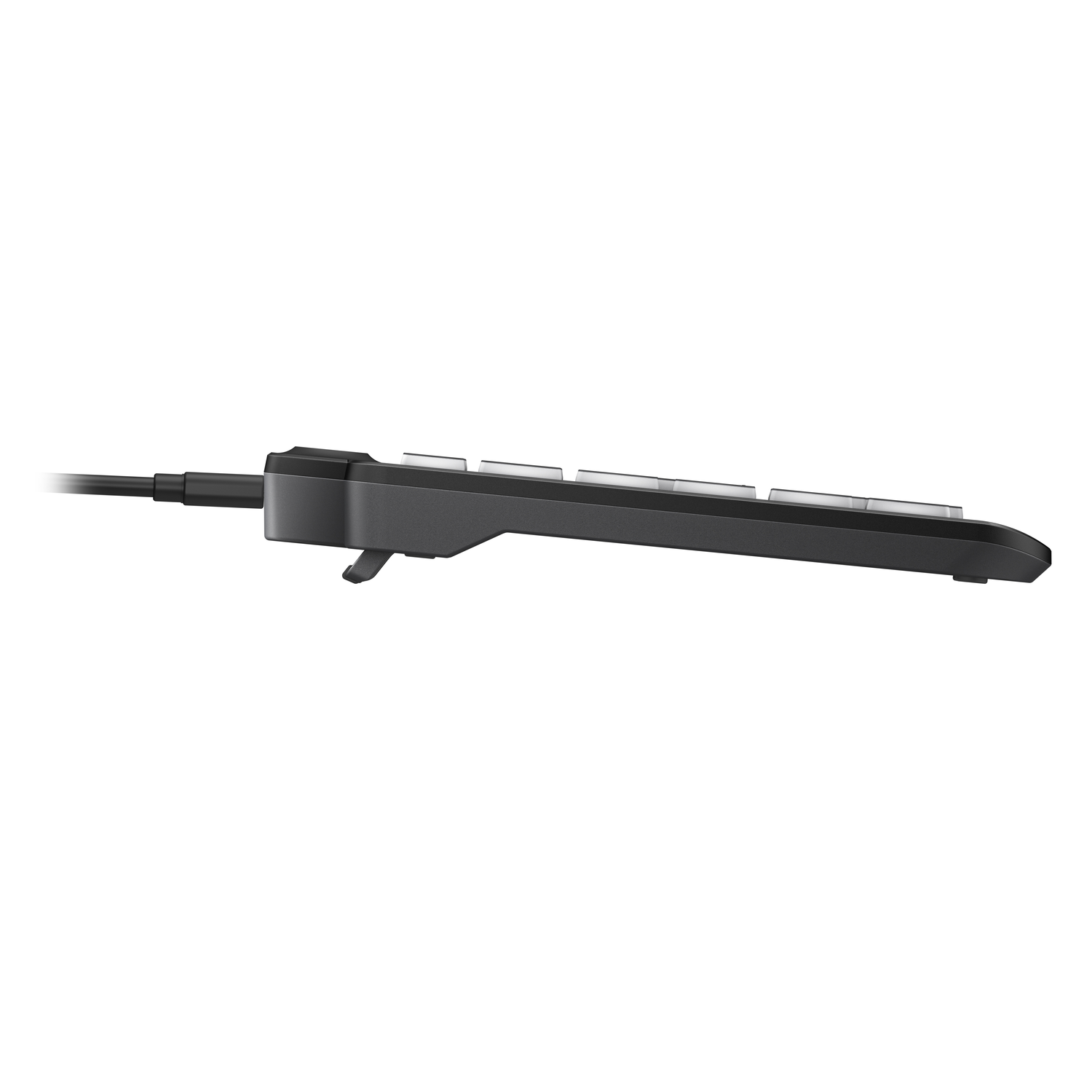 Side view of a black keyboard with white keys. A cable extends to the left. It's on a white background.