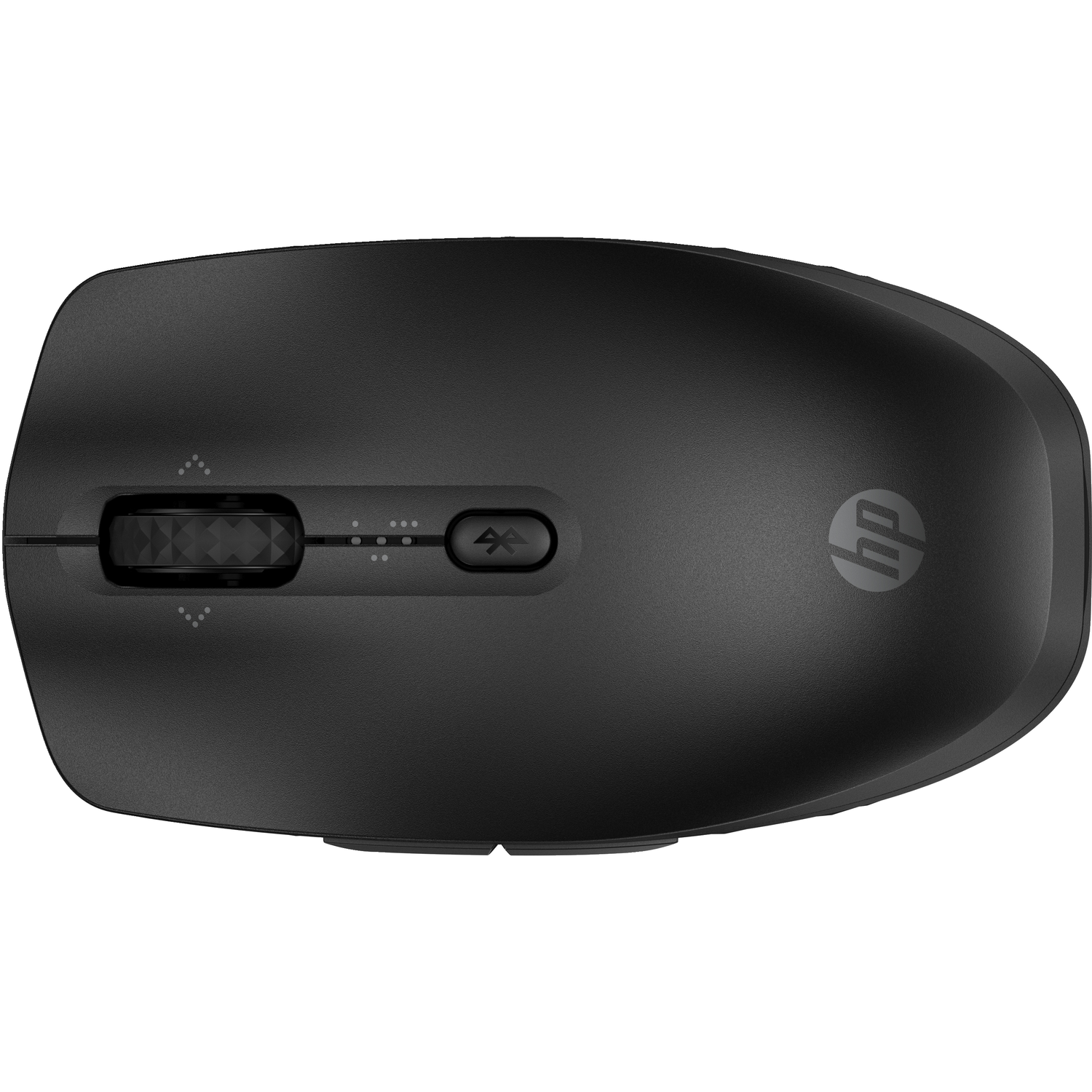 A black, top-down view of a wireless computer mouse with a scroll wheel and buttons.