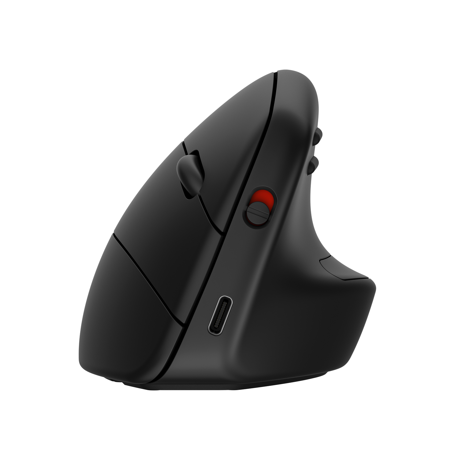 Zwarte ergonomische verticale muis. Het heeft een rode knop en een USB-C-poort.