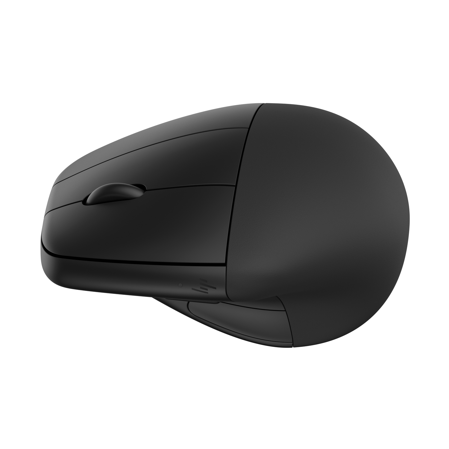 Zwarte ergonomische muis met een scrollwiel en knoppen. Ontworpen voor comfort.