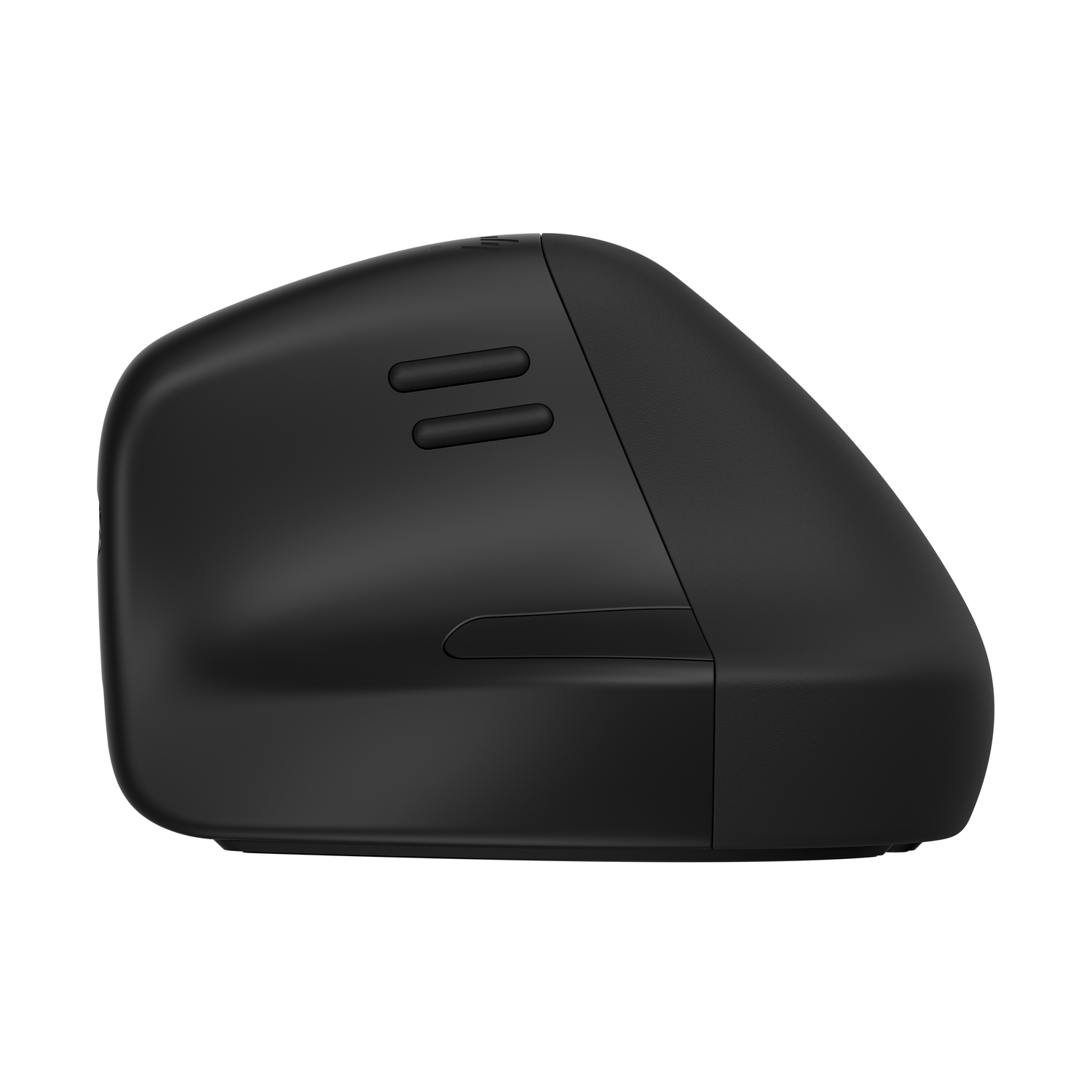 Zwarte ergonomische muis, zijaanzicht, met de vorm zichtbaar.