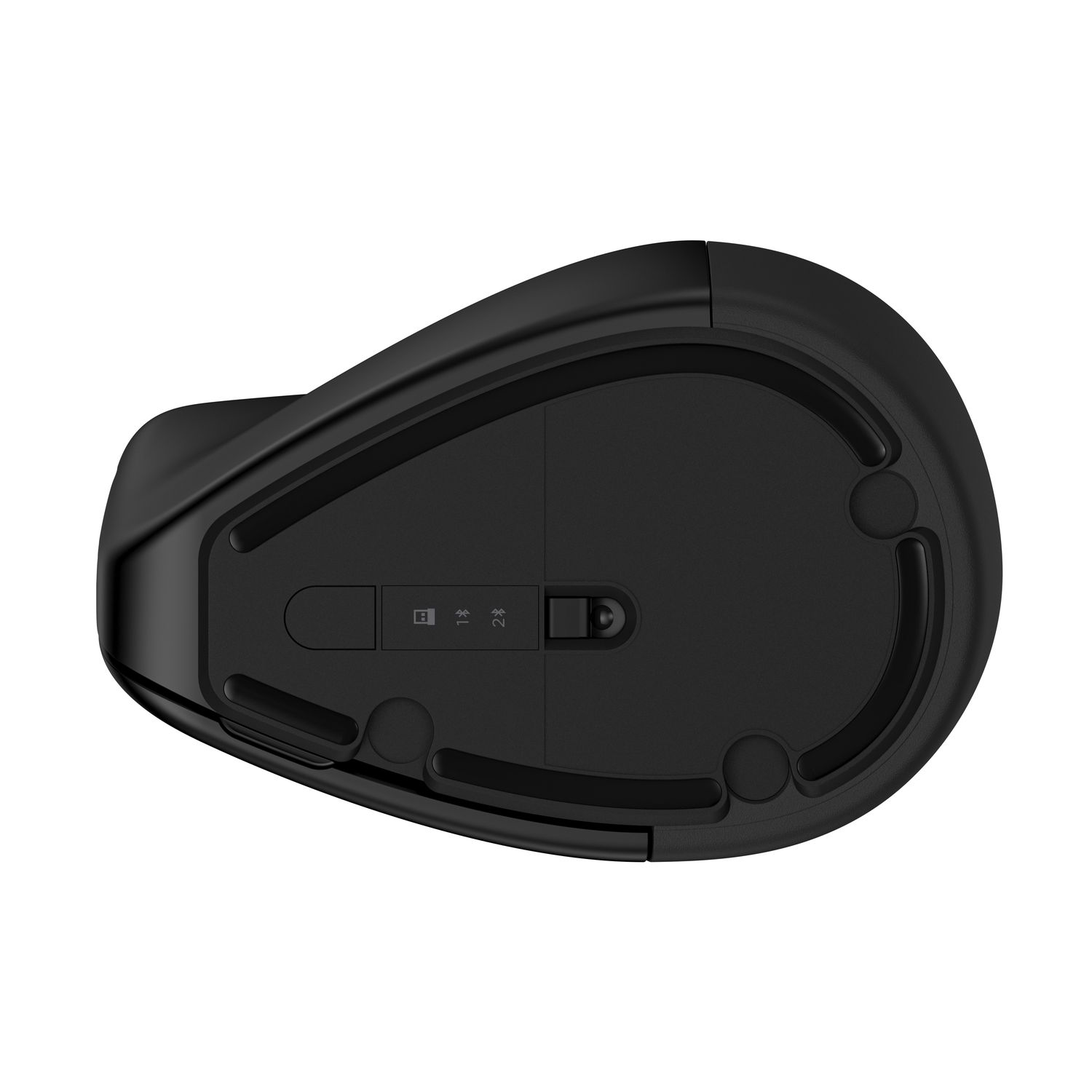Zwarte ergonomische muis, bovenaanzicht. Met knoppen en een selector.