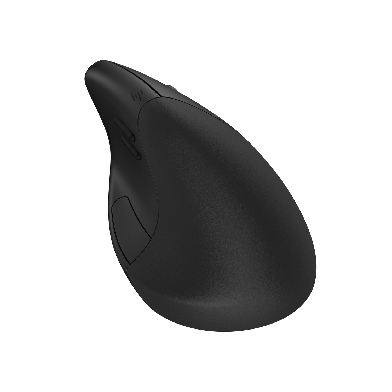 Een zwarte ergonomische muis. Hij heeft twee knoppen aan de zijkant en een gebogen vorm.