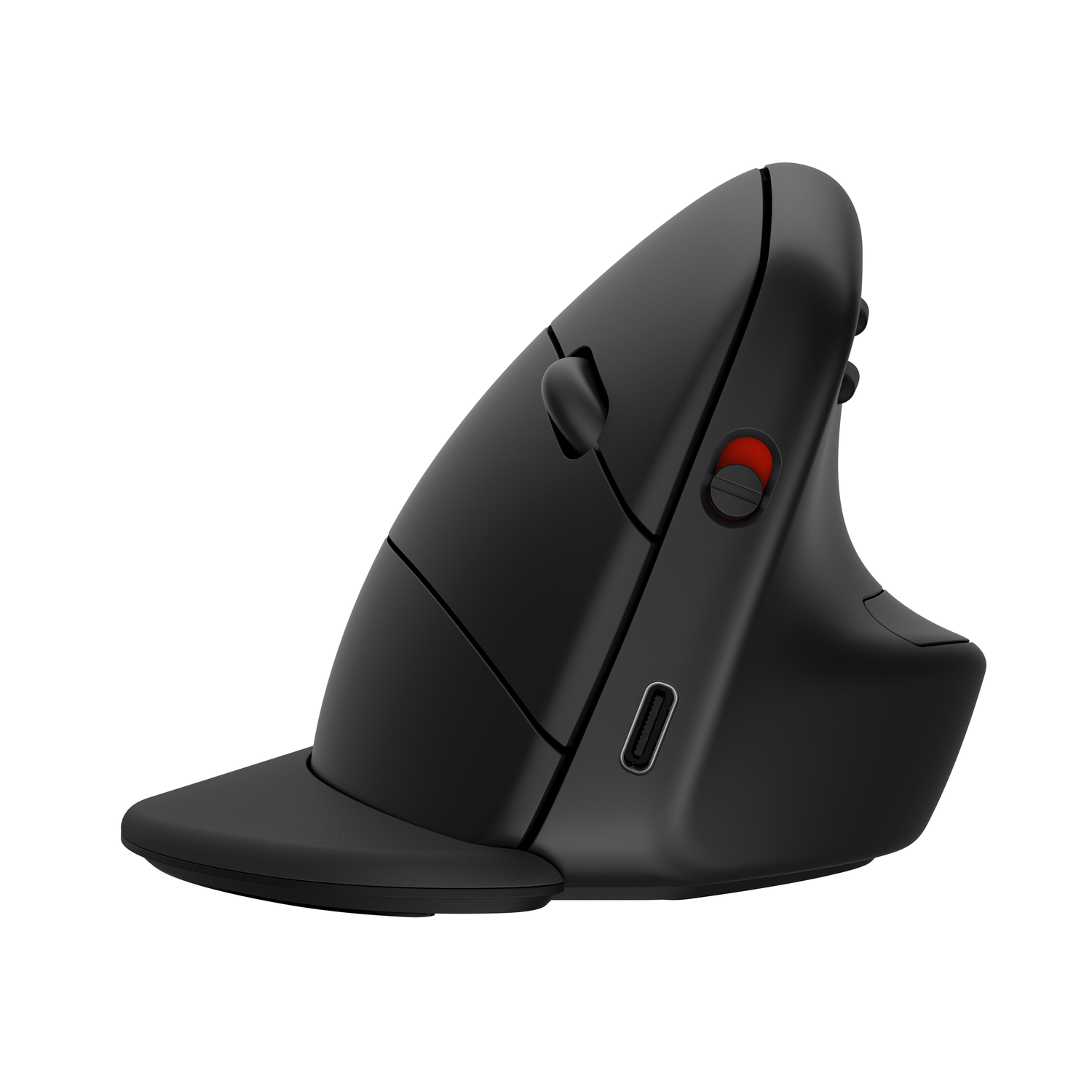 Een zwarte ergonomische verticale muis met een rode knop.
