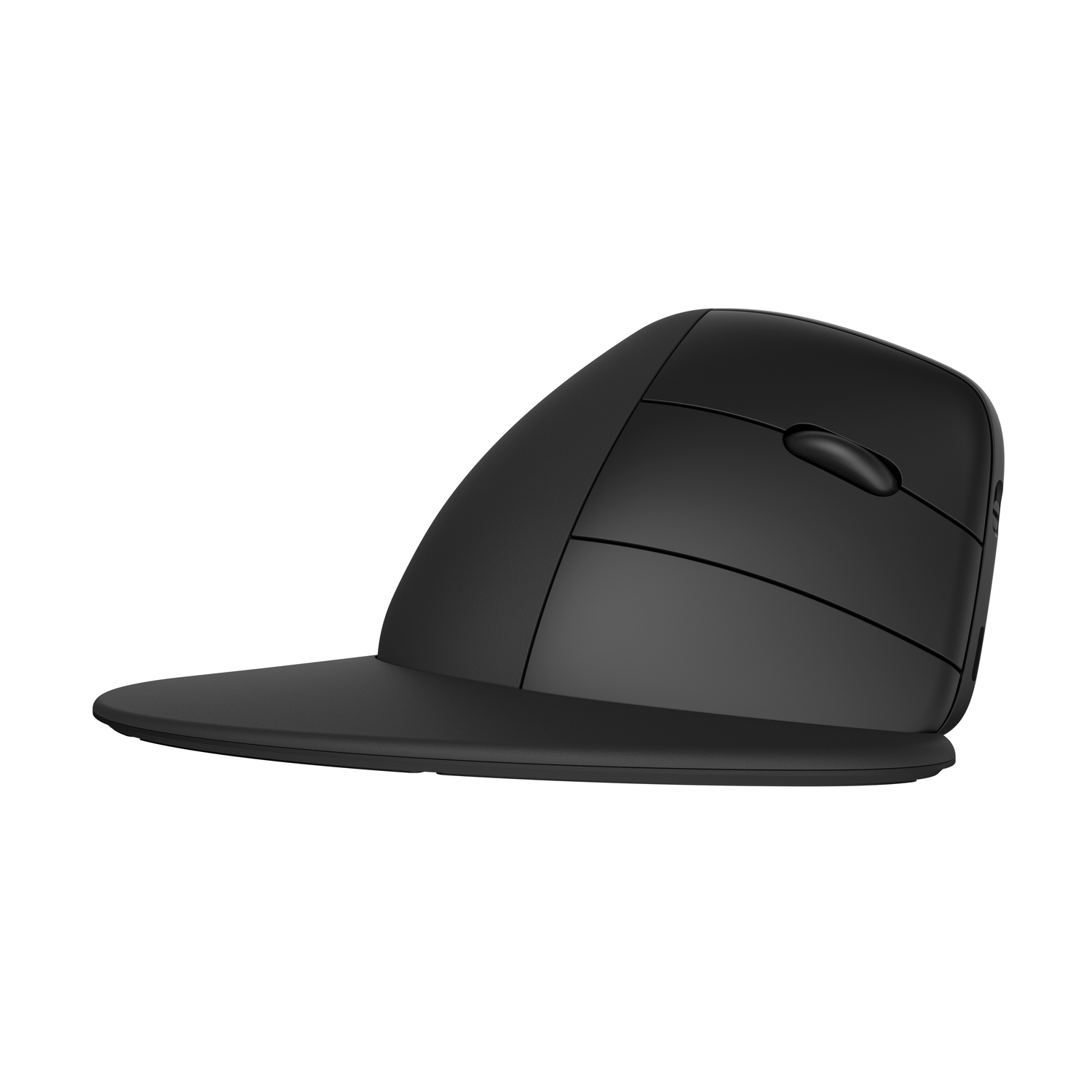 Een zwarte ergonomische verticale muis met een gebogen ontwerp en een platte basis.