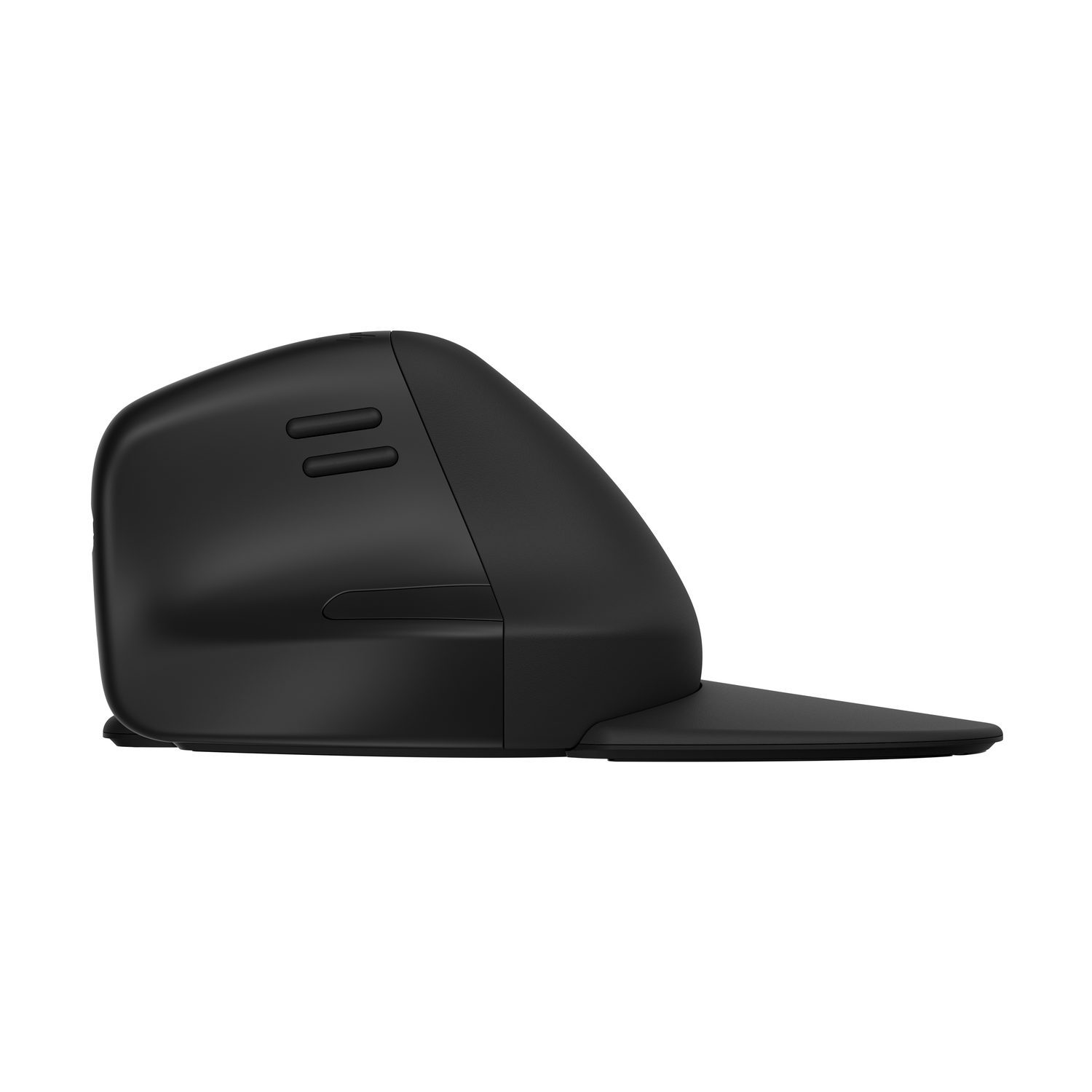 Zwarte ergonomische muis. Het heeft een schuin ontwerp met knoppen en een platte basis.