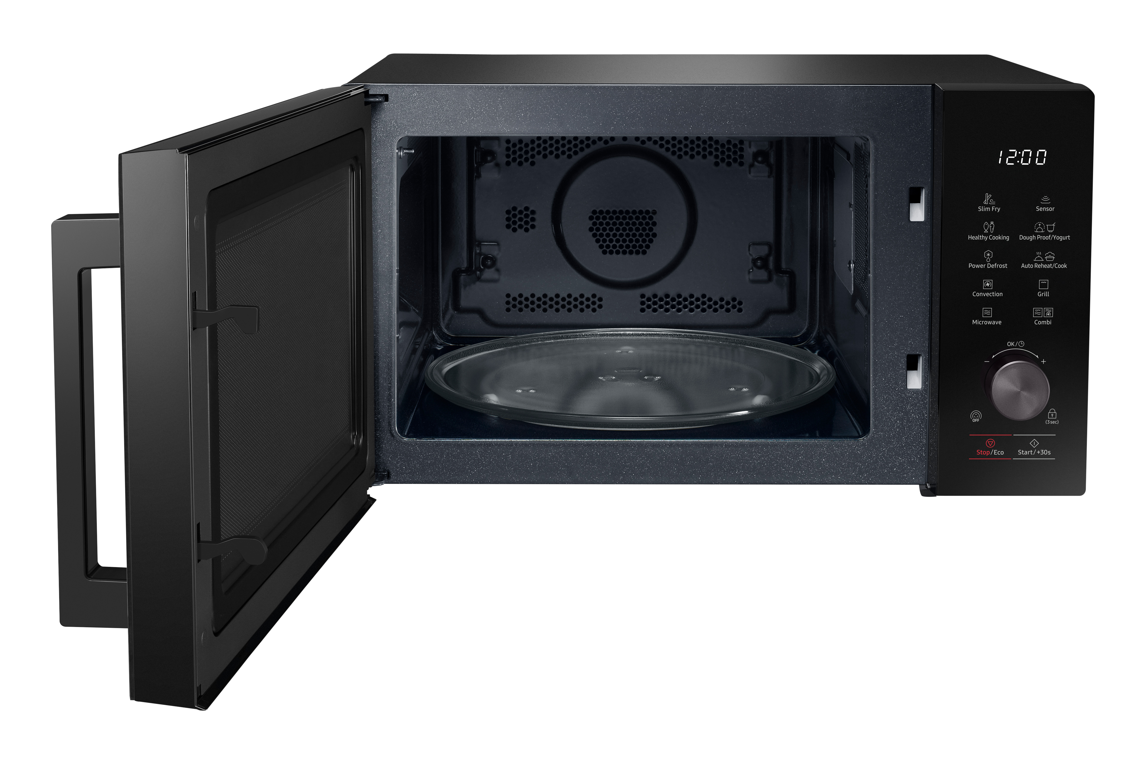 Microondas negro con la puerta abierta, mostrando el interior y los controles.