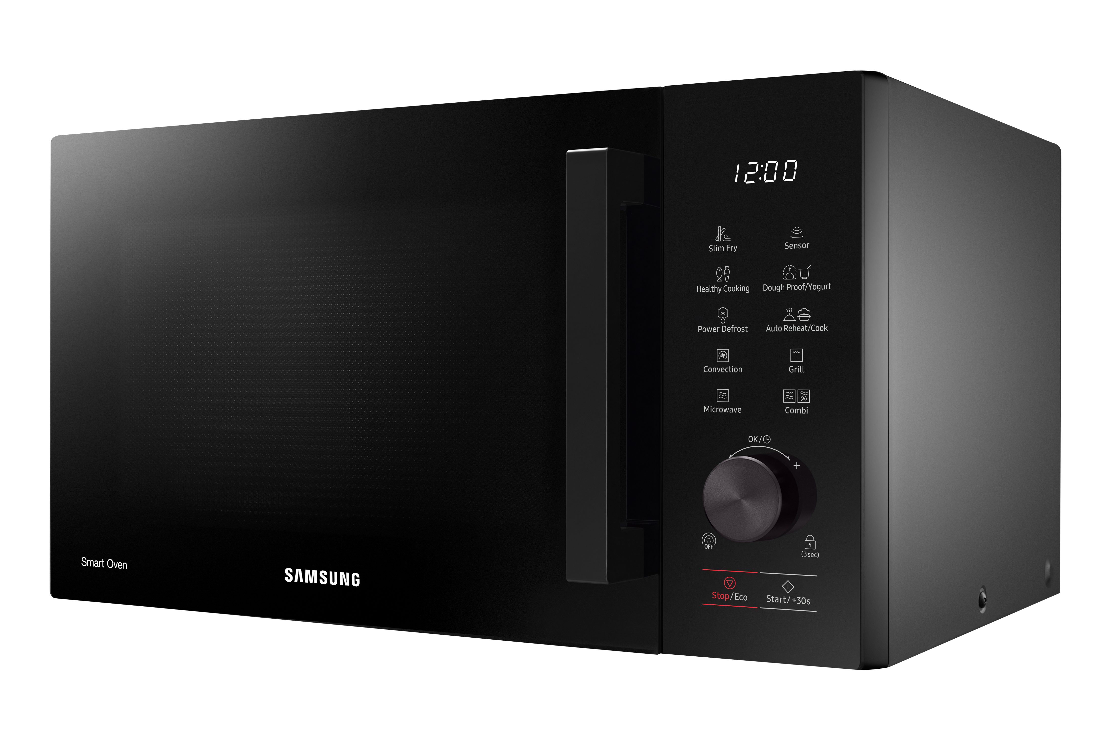 Microondas negro Samsung. Tiene asa, panel de control y pantalla.