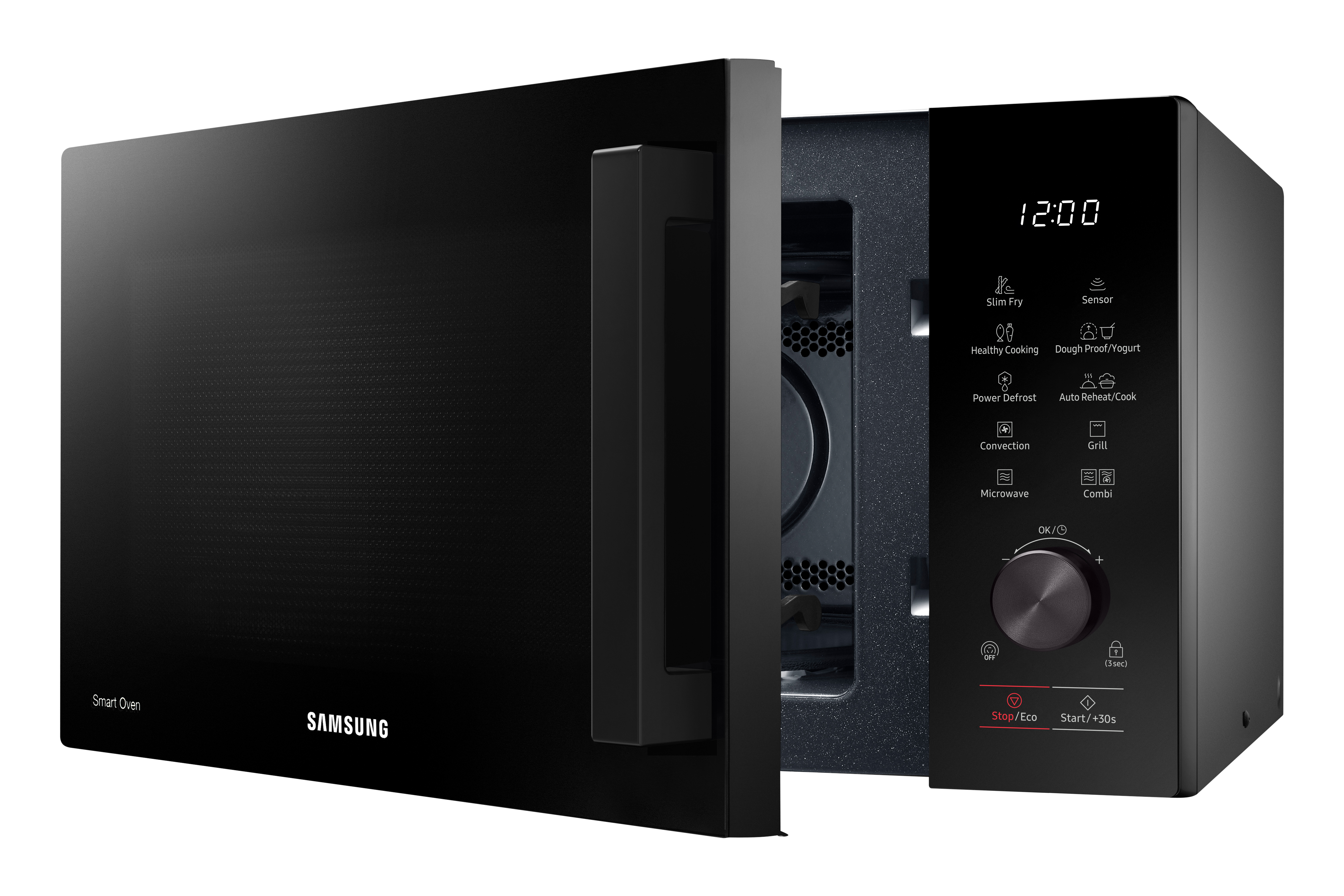 Microondas Samsung negro con la puerta abierta. El interior es visible con los controles a la derecha.