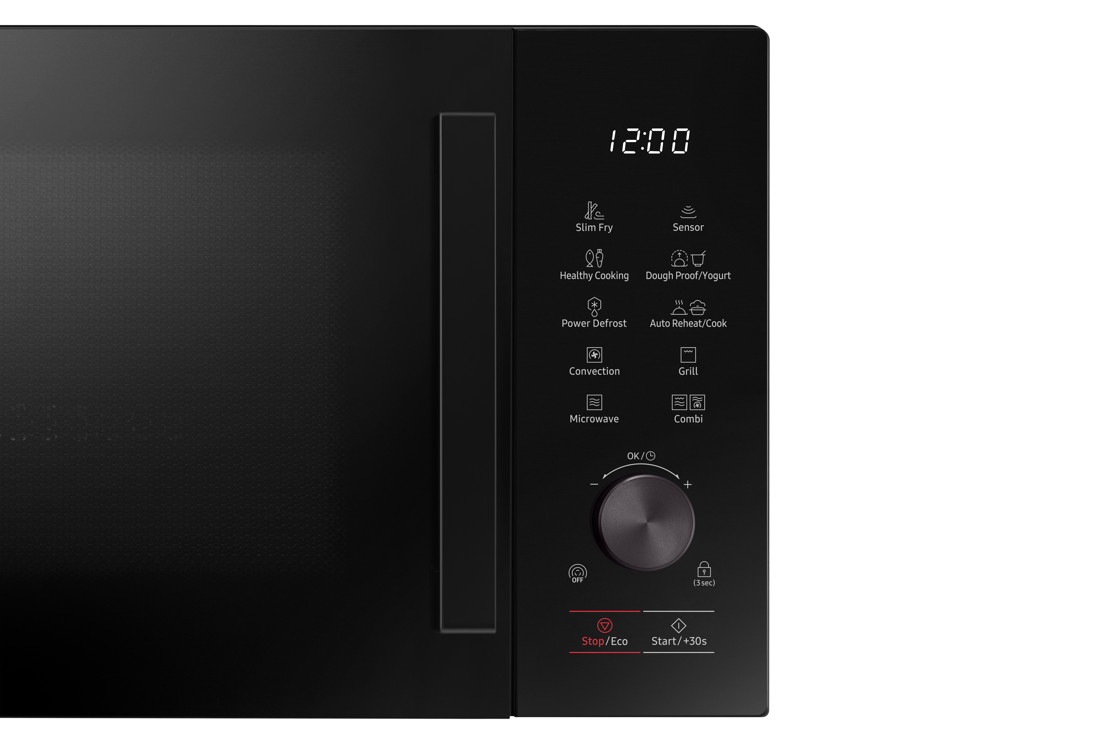 Panel de control de microondas negro con pantalla digital y varios botones de función.