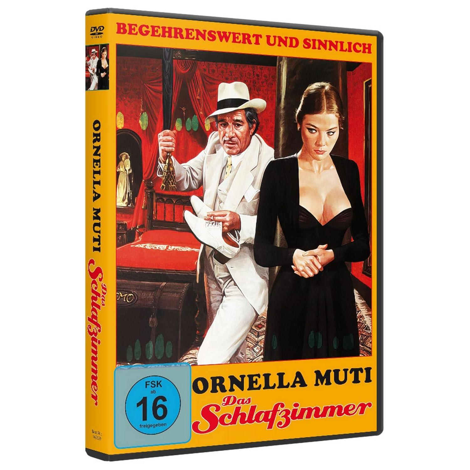 DVD-Cover. Mann und Frau in einem Raum, mit dem Titel "Ornella Muti Das Schlafzimmer."