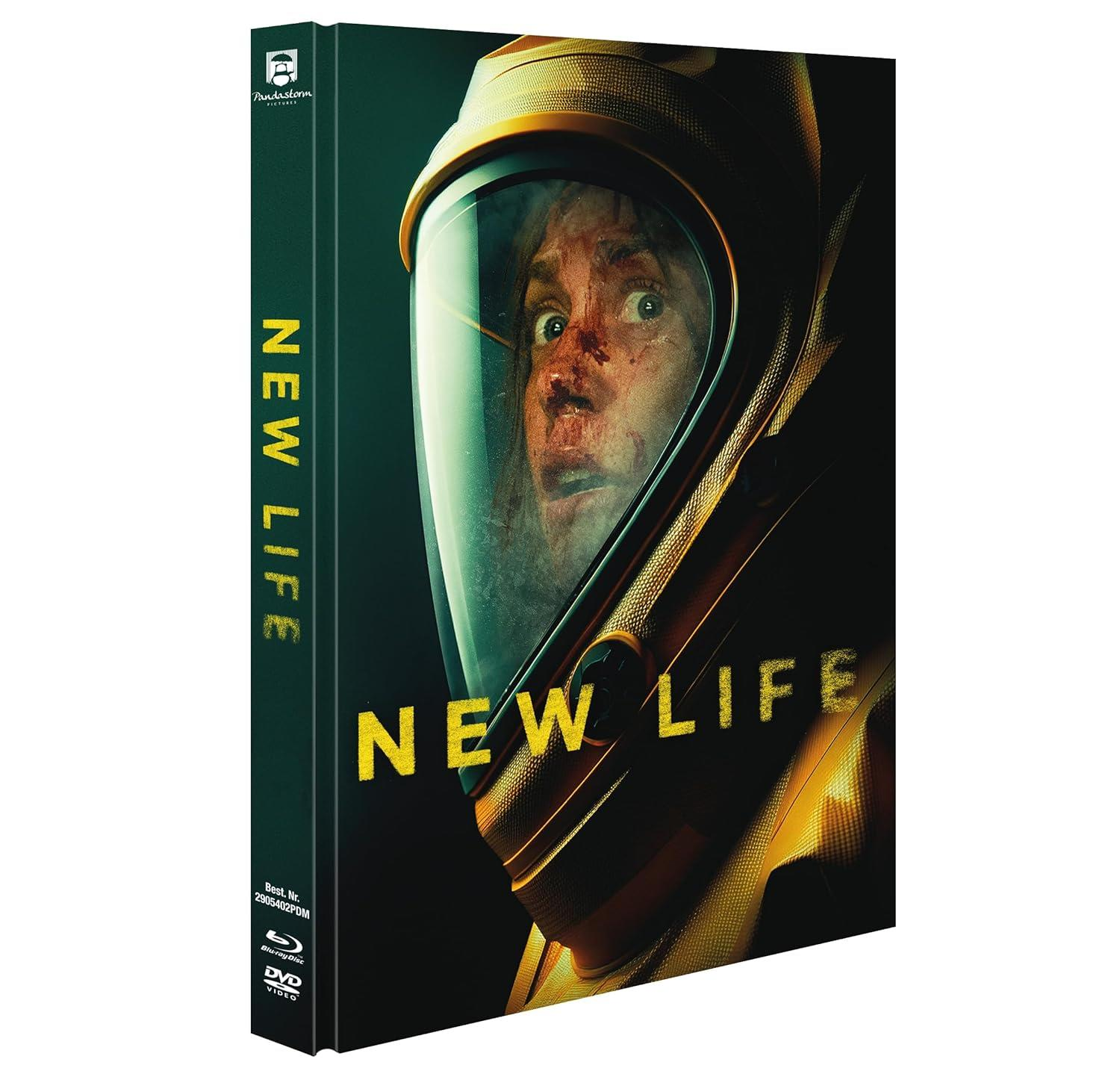 DVD-Cover für den Film 'New Life' mit einer Person in gelbem Schutzanzug und Helm.