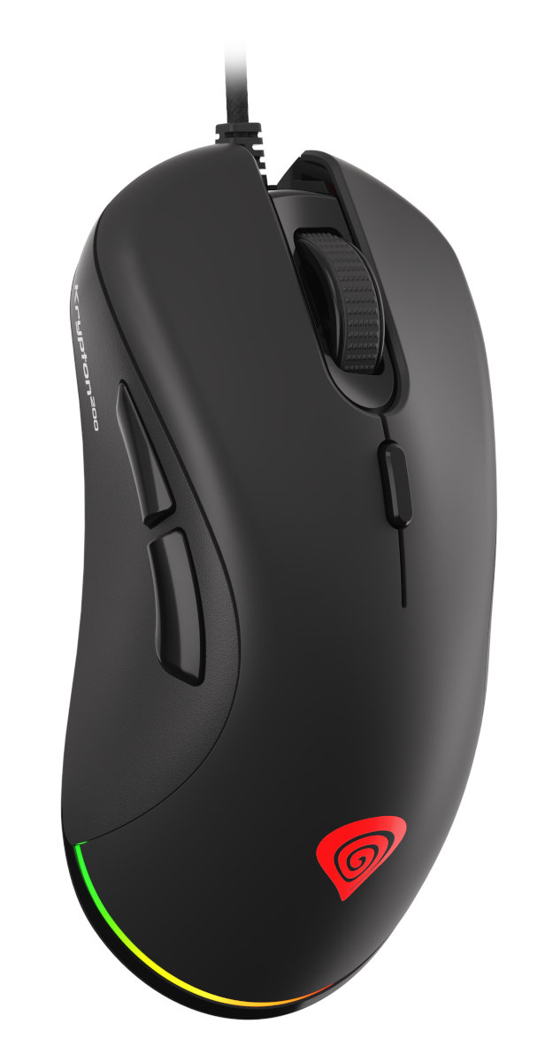Czarna mysz do gier z bocznymi przyciskami, kółkiem przewijania i czerwonym logo.