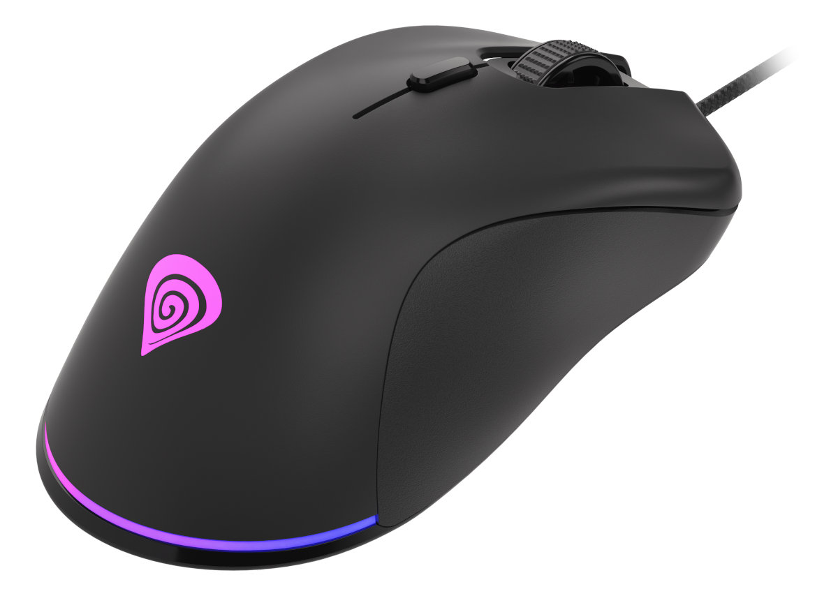 Czarna mysz komputerowa z logo i fioletowo-niebieskim światłem na dole.