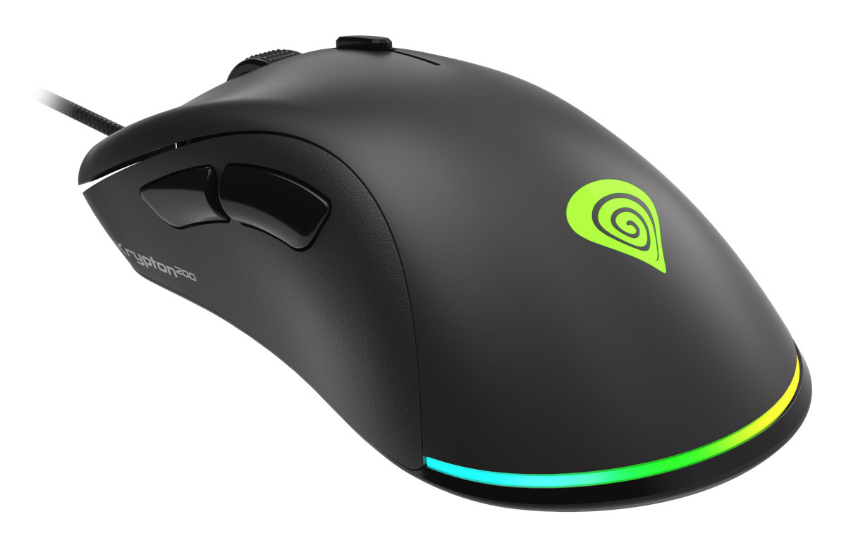 Czarna mysz do gier z Genesis Krypton 200. Posiada boczne przyciski i kolorowe podświetlenie.