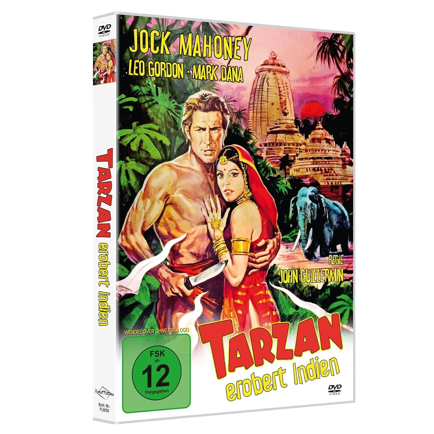 Filmcover von 'Tarzan erobert Indien', mit Schauspielern und Dschungel-Tempel-Hintergrund.