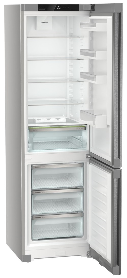 Lodówka z otwartymi drzwiami. Widoczne szklane półki i szuflady.