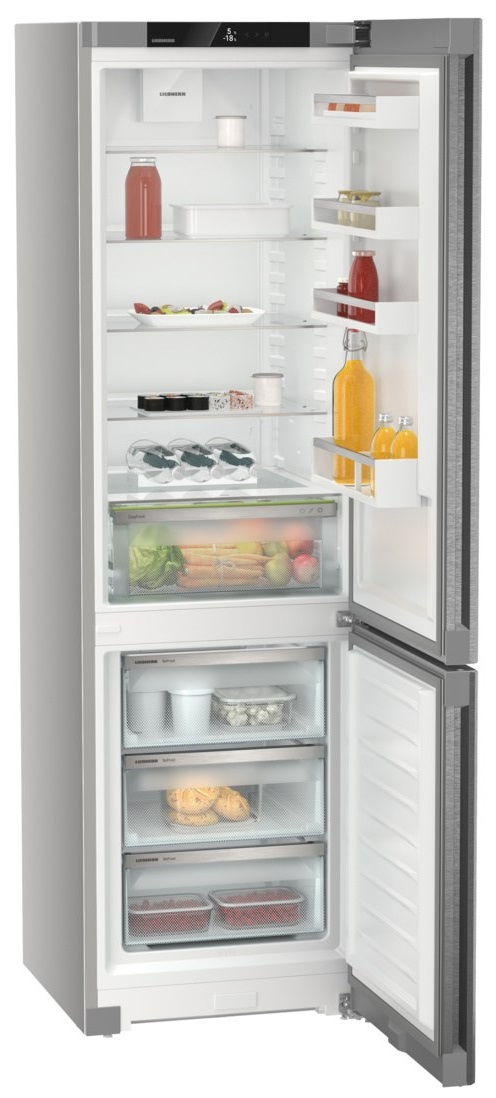 Srebrna lodówka z otwartymi drzwiami, wypełniona jedzeniem i napojami.