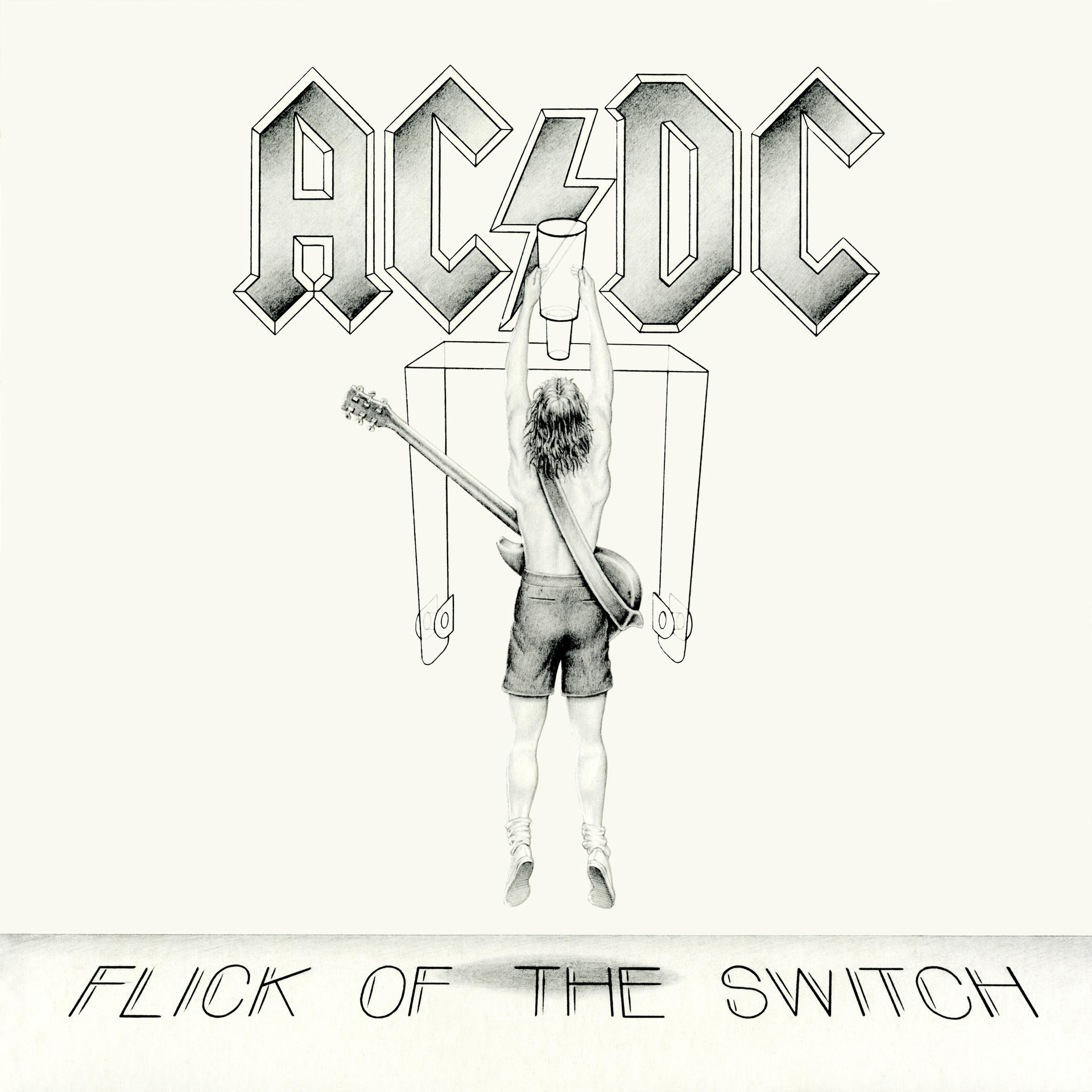 AC/DC albumhoes, een man springt in de lucht met een beker en gitaar.