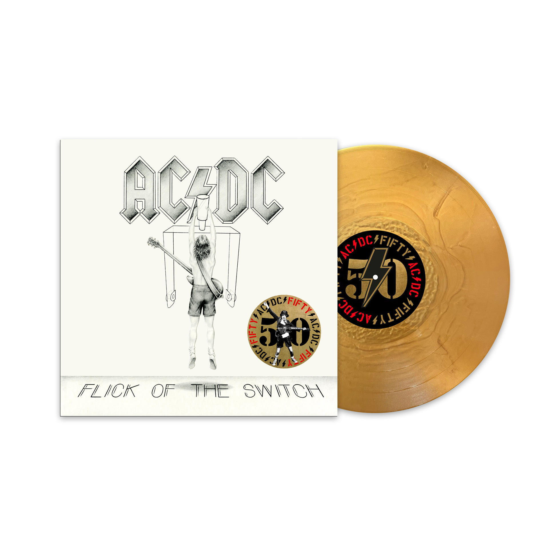 AC/DC 'Flick of the Switch' vinylplaat met gouden schijf en bandlogo.