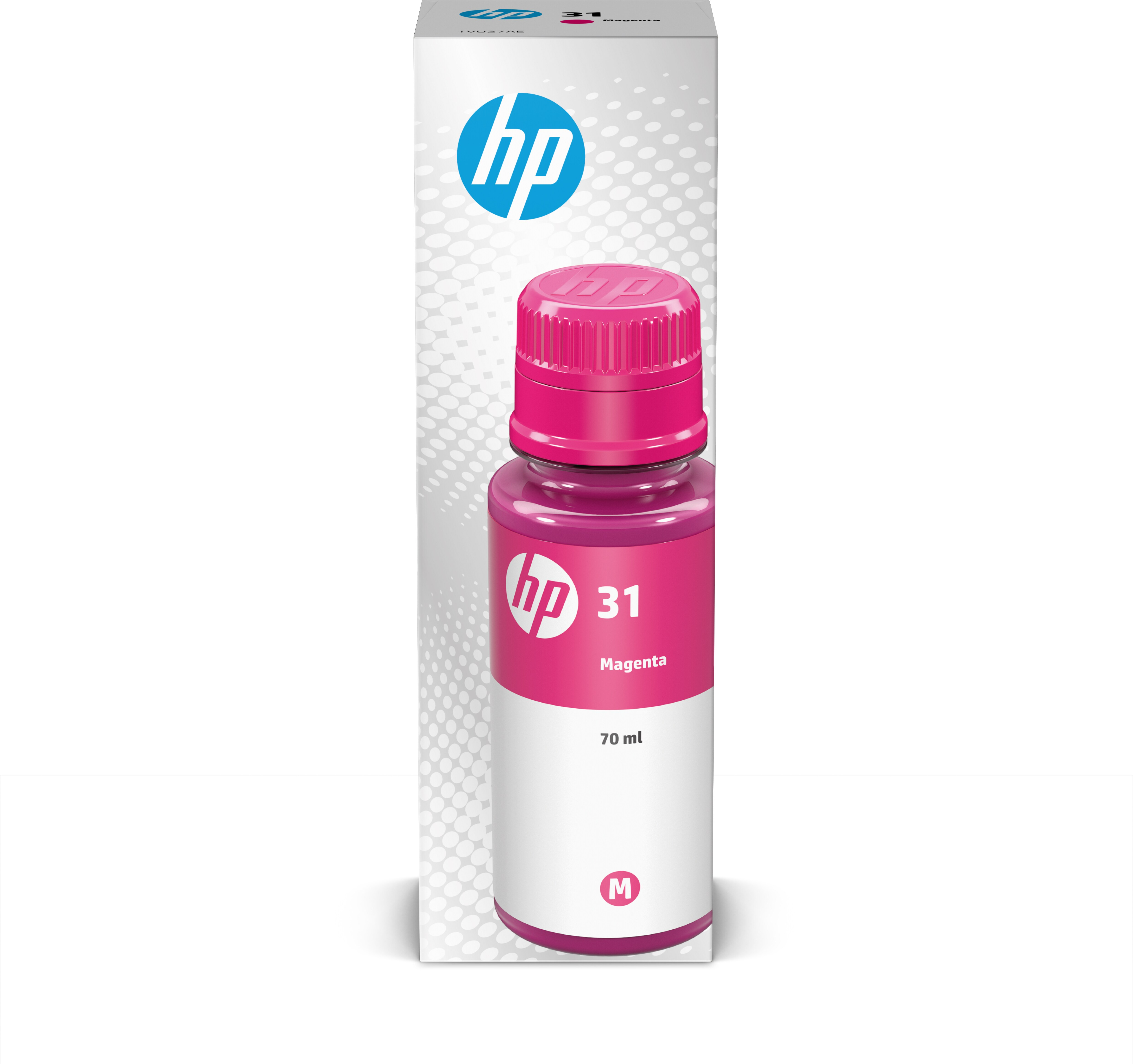 Magentafarbene Tintenflasche in einer Schachtel. Flasche mit Etikett, sagt HP 31 Magenta und 70 ml. Schachtel sagt HP.