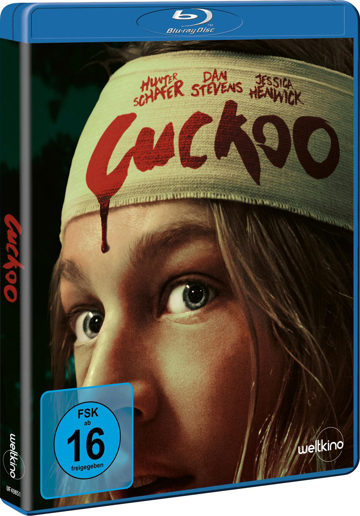 Blu-ray-Disc-Cover. Filmtitel "Cuckoo" in Rot. Zeigt eine junge Frau mit Verband auf dem Kopf.