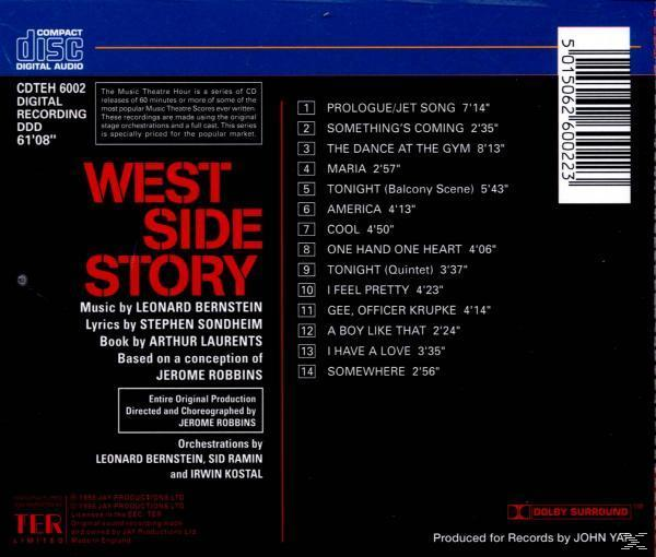 A West Side Story CD hátulja, a számlistával, fehér szöveggel a sötét háttéren.