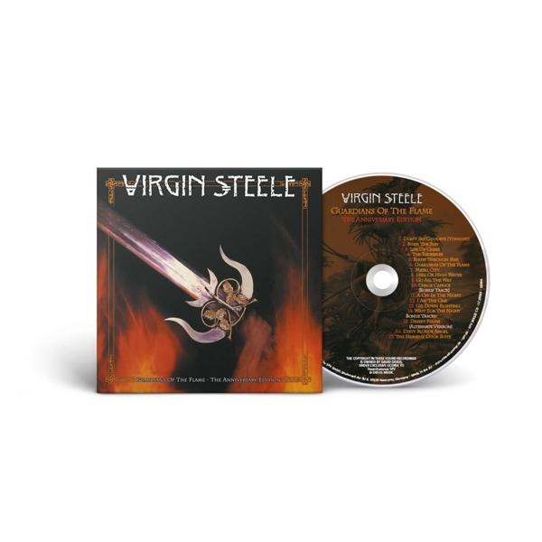 Albumcover und CD von 'Guardians of the Flame' von Virgin Steele. Das Cover hat eine Flamme und ein Schwert.