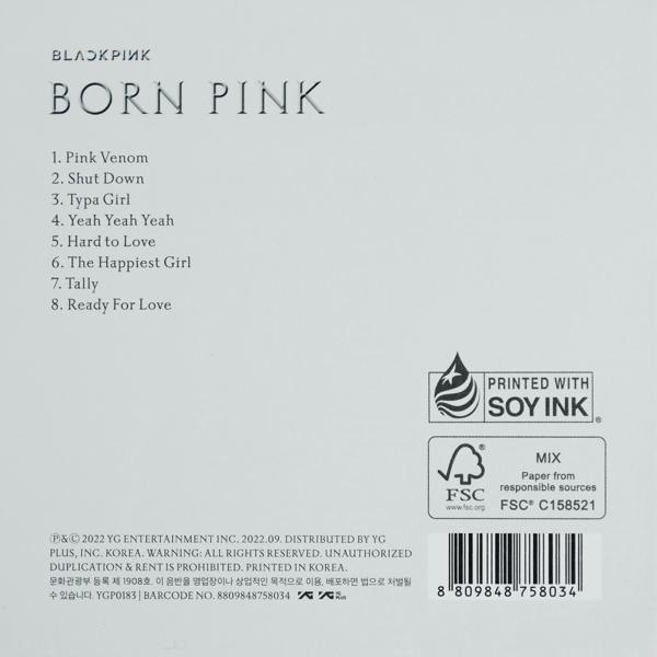 Albumtitel BORN PINK von BLACKPINK, Songliste und Druckinfos mit Soja-Tinte.