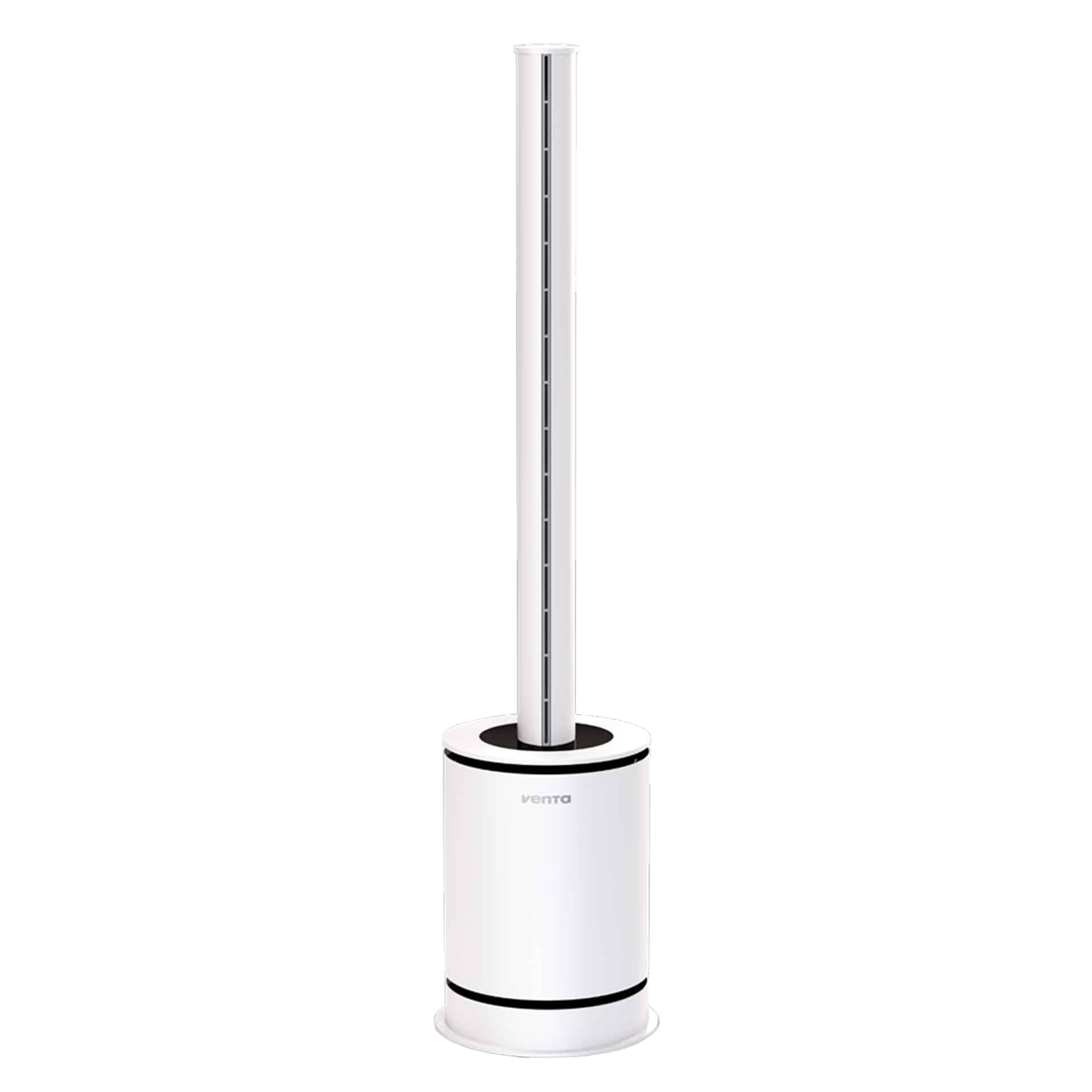 Purificateur d'air Venta blanc avec design colonne haute, accents noirs, sur fond noir.