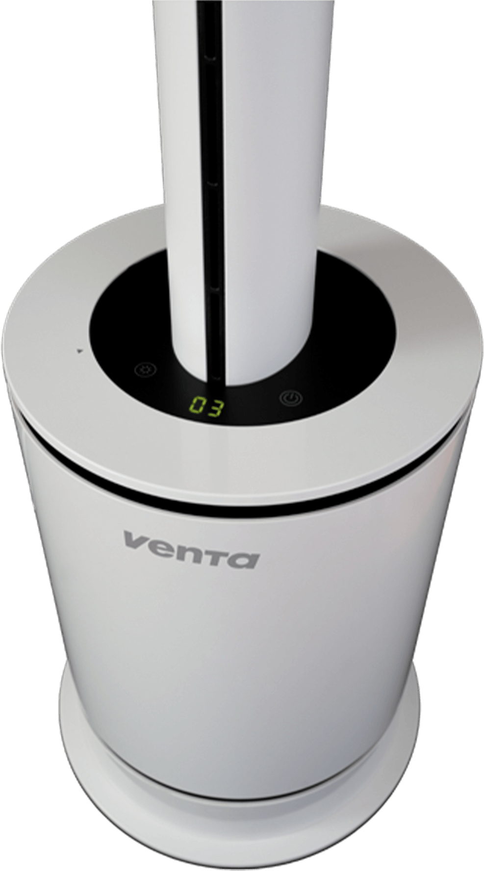 Purificateur d'air blanc avec un affichage numérique indiquant le chiffre 03.