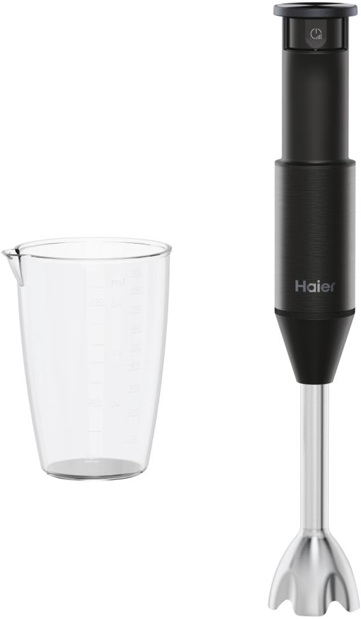 Schwarzer Stabmixer und Messbecher.