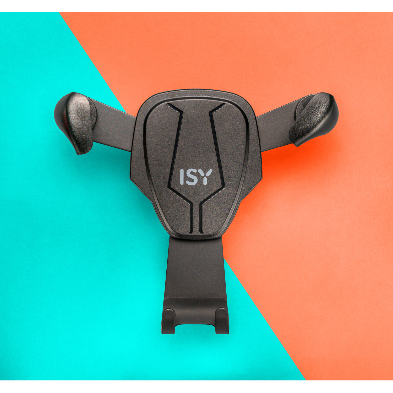 Support de téléphone noir avec le logo 'ISY'. Fond corail et turquoise.