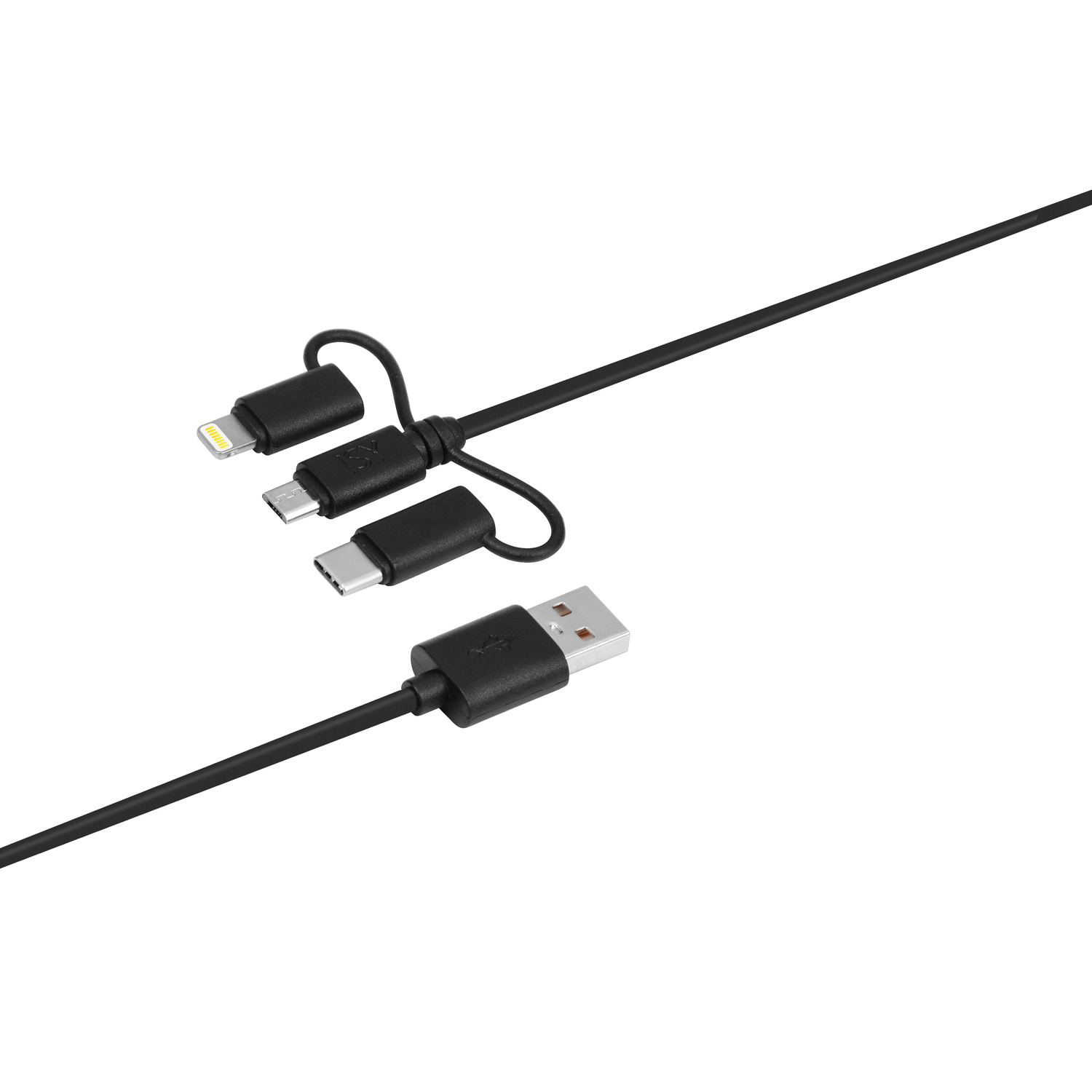 Un câble de chargement noir multi-connecteurs avec des connecteurs Lightning, USB-C et Micro-USB.